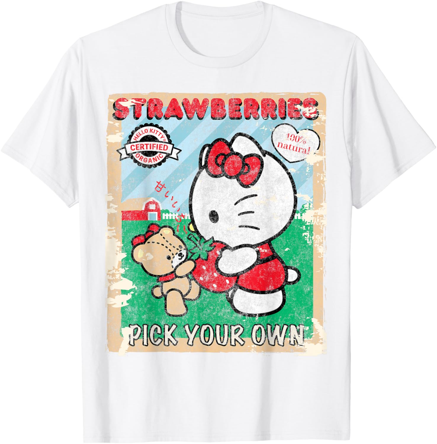 Cute Hello Kitty Strawberry Picking Farm T-Shirt for Kids and Adults - 9
