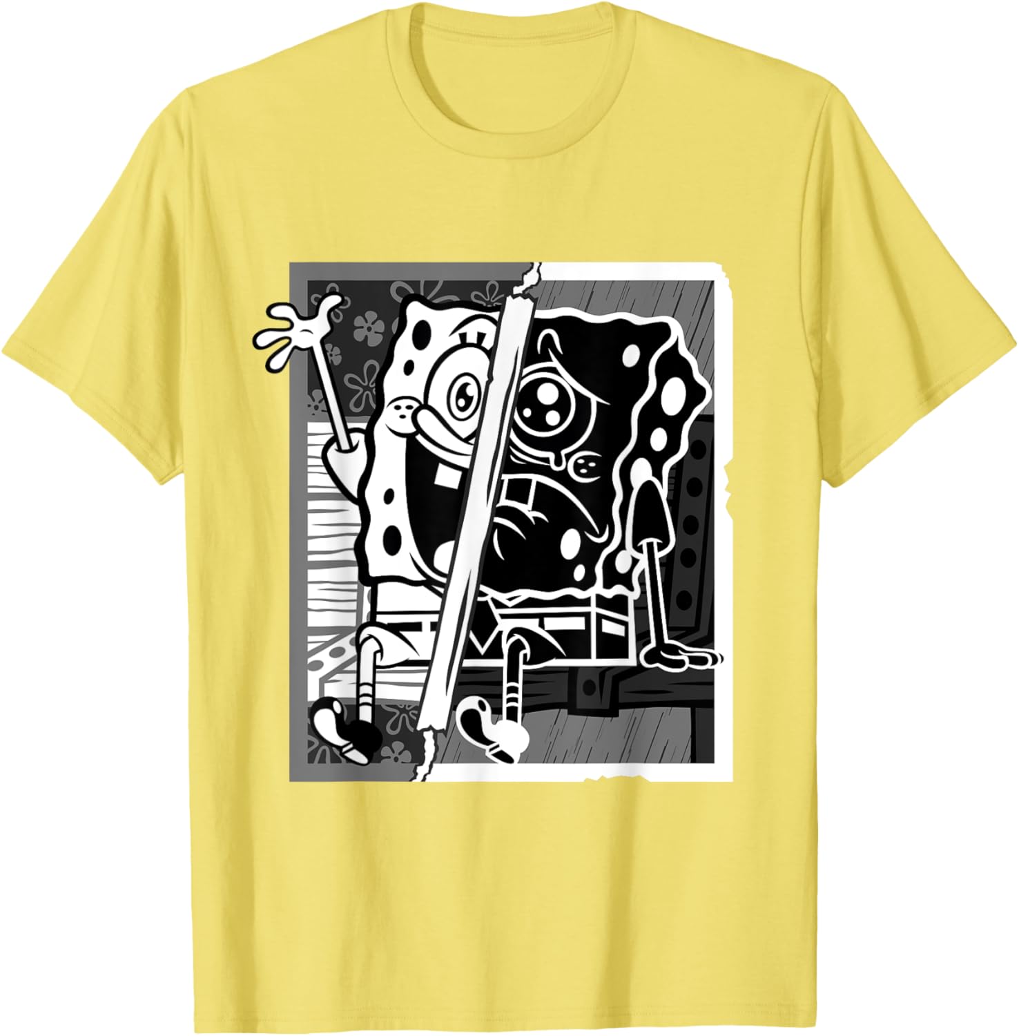 Mademark SpongeBob Black and White Happy Sad Artline T-Shirt for Fans - 9