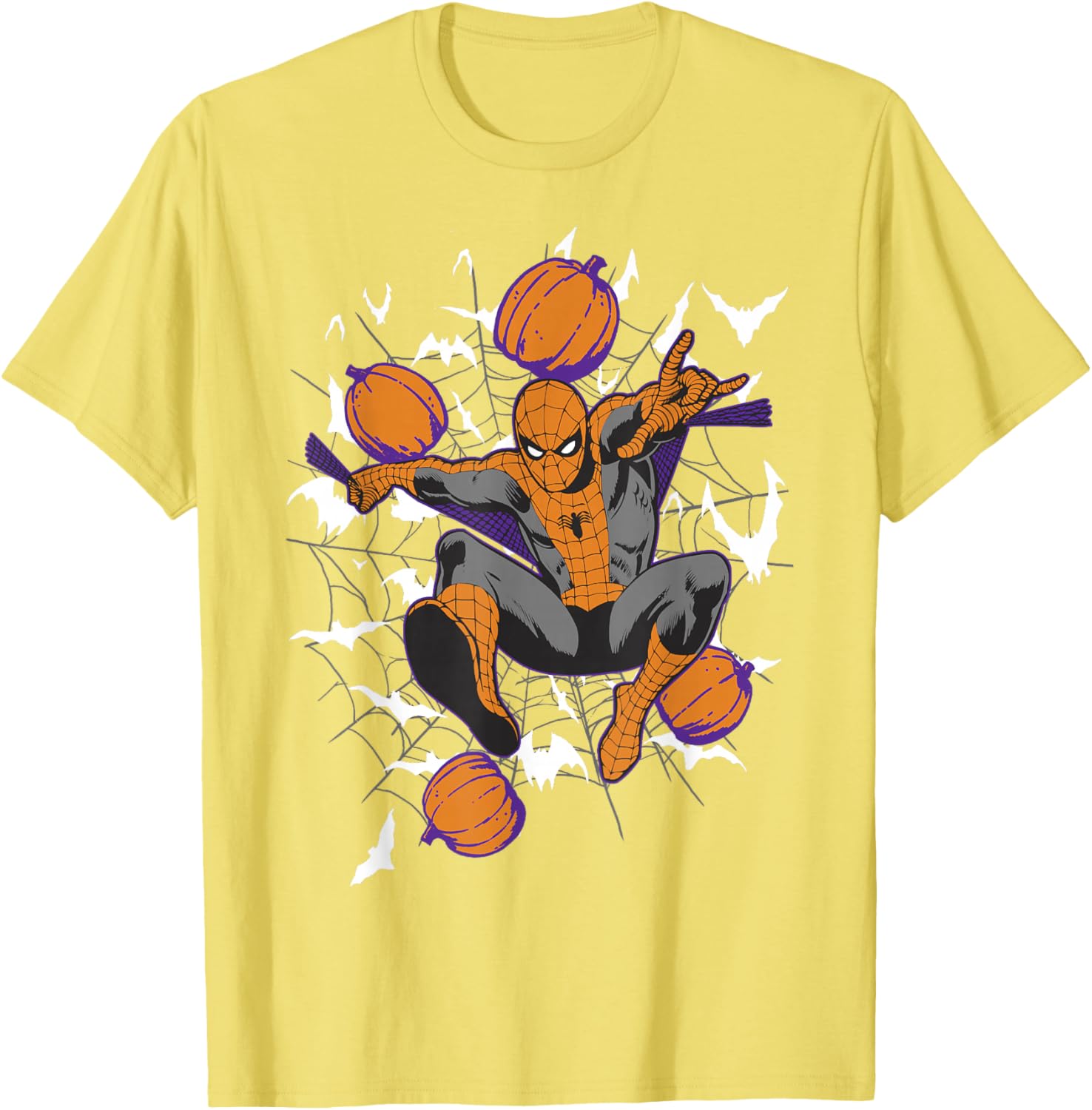 Spider-Man Halloween T-Shirt with Web and Pumpkins for Kids and Adults - 13
