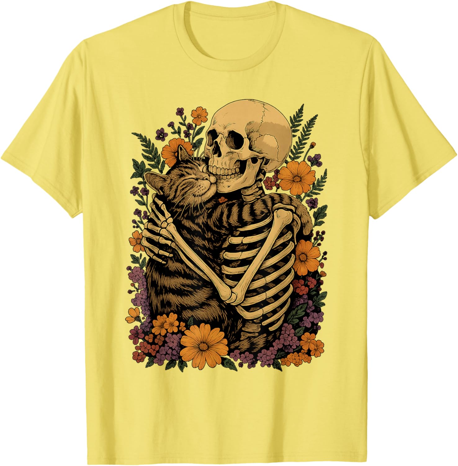 Cute Skeleton Hugging Cat Floral Halloween T-Shirt for Cat Lovers - 28