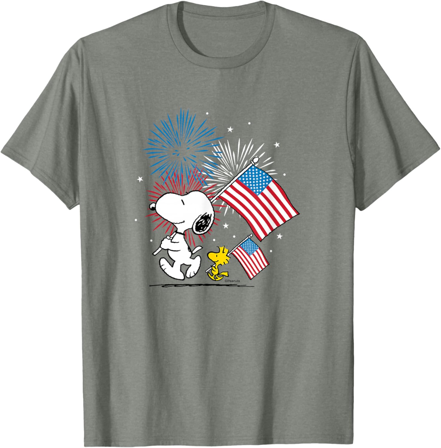 Snoopy and Woodstock American Flags Fireworks T-Shirt for Fun Celebrations - 3