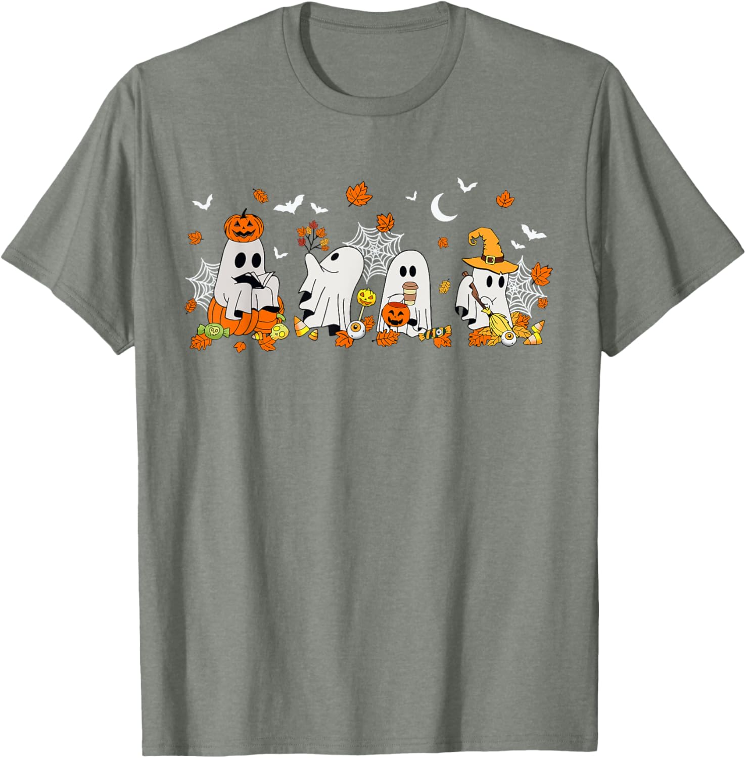 Cute Ghost Drinking Coffee Halloween Fall Book Reading T-Shirt for All - 14