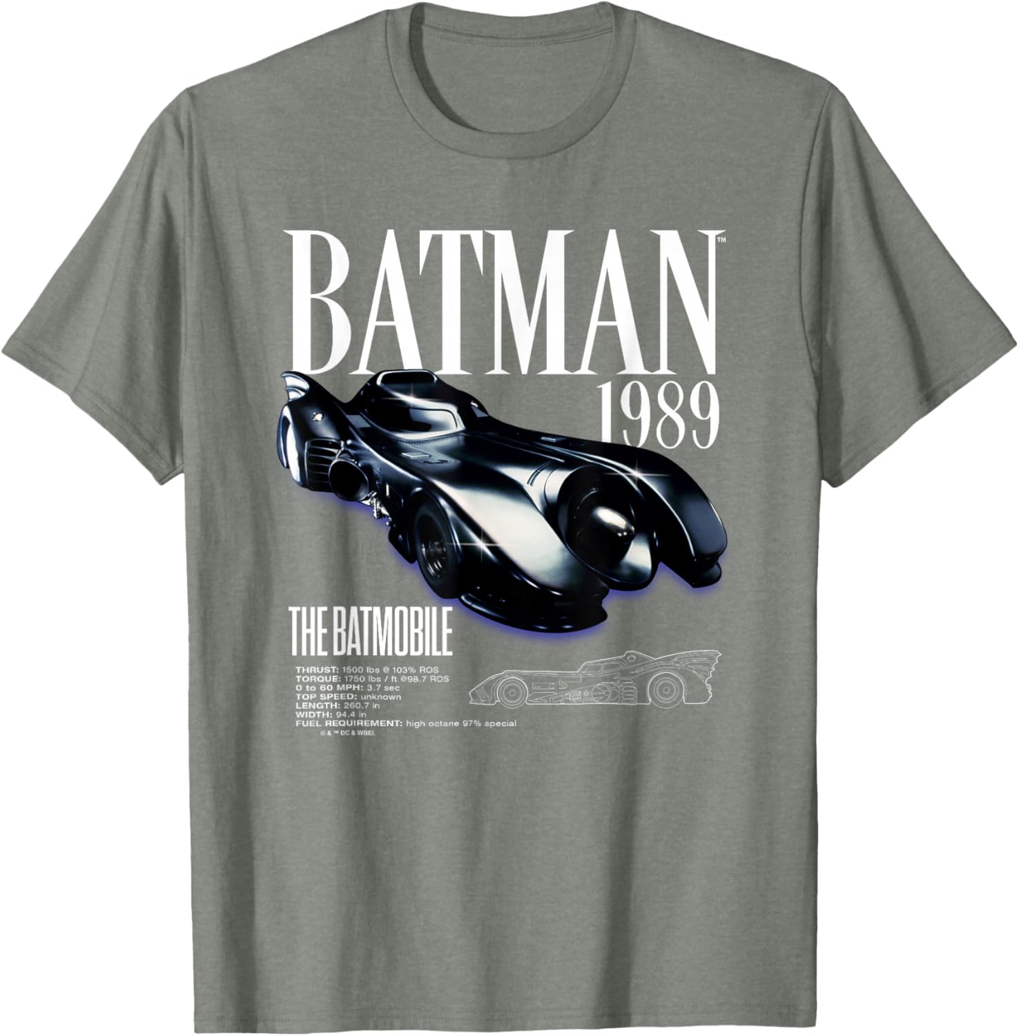 Batman 1989 Batmobile Schematic T-Shirt for Fans of Classic Film Style - 2