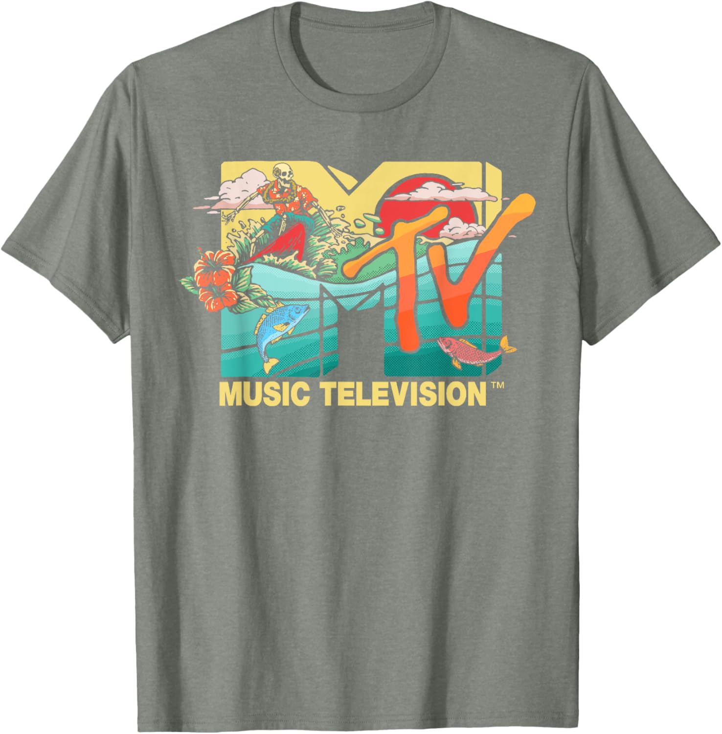 Mademark x MTV Vintage Surfing Skeleton Mother Ocean T-Shirt for Men - 4
