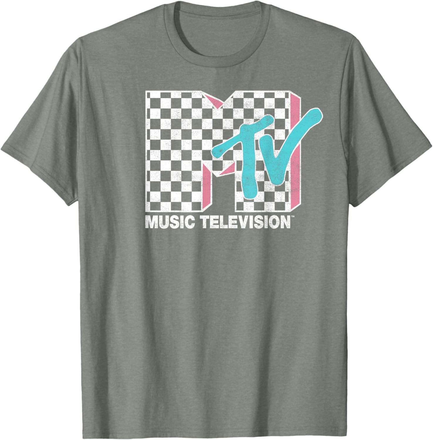 MTV Neon Distressed Checkered Logo Graphic Tee for Trendy Style - 5
