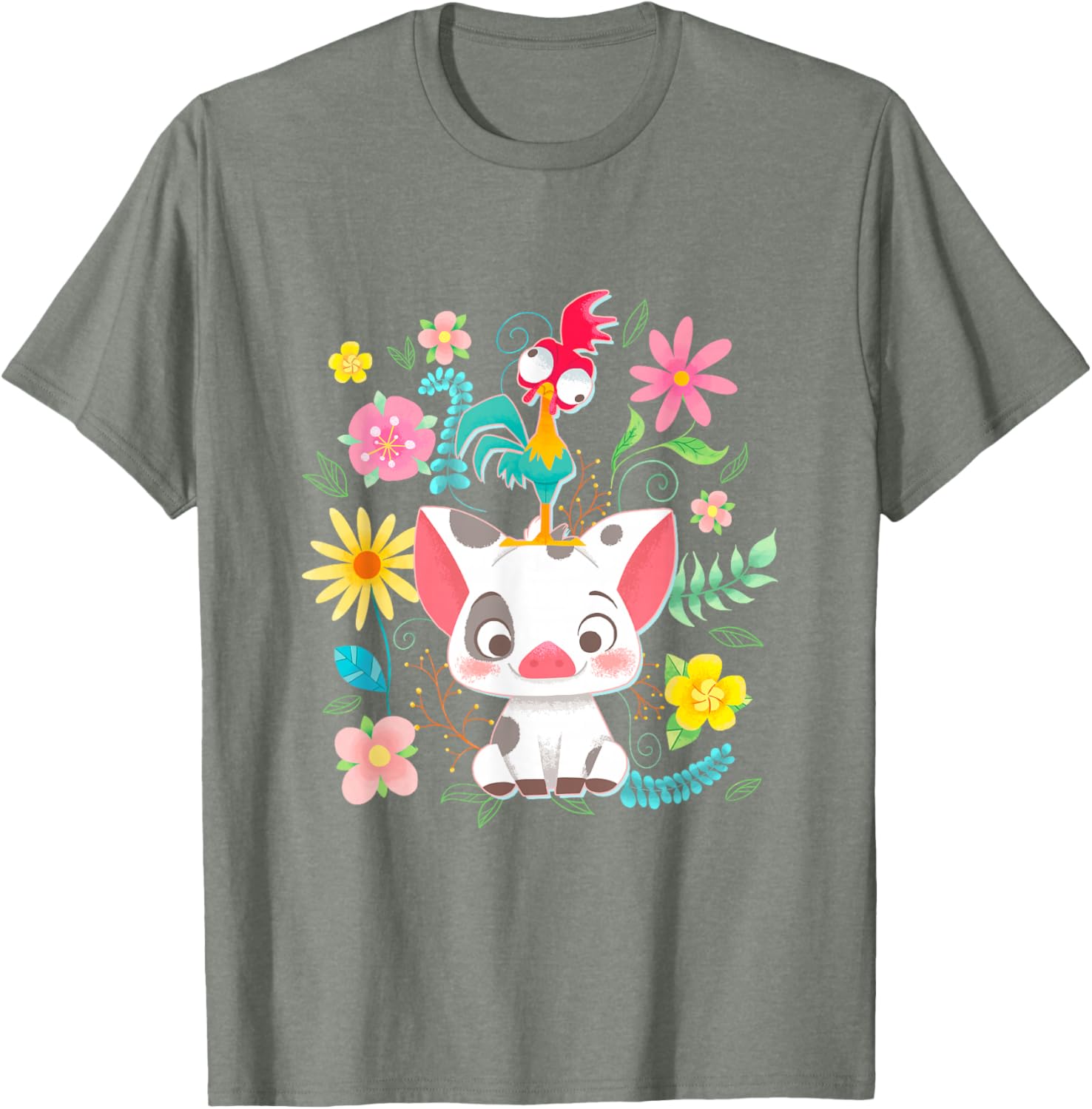 Disney Moana Pua Hei Hei Cute Floral Big Chest Poster T-Shirt for Fans - 3