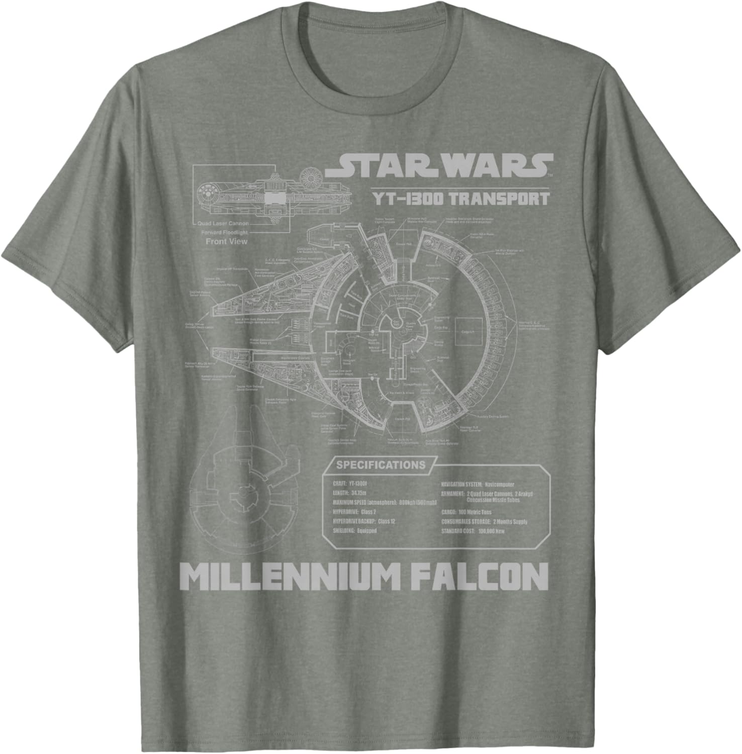 Star Wars Millennium Falcon Grey Schematics Graphic T-Shirt for Fans - 11