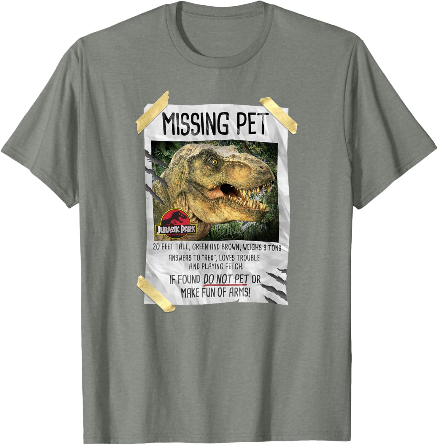 Jurassic Park T-Rex Missing Pet Taped T-Shirt for Dino Lovers - 5