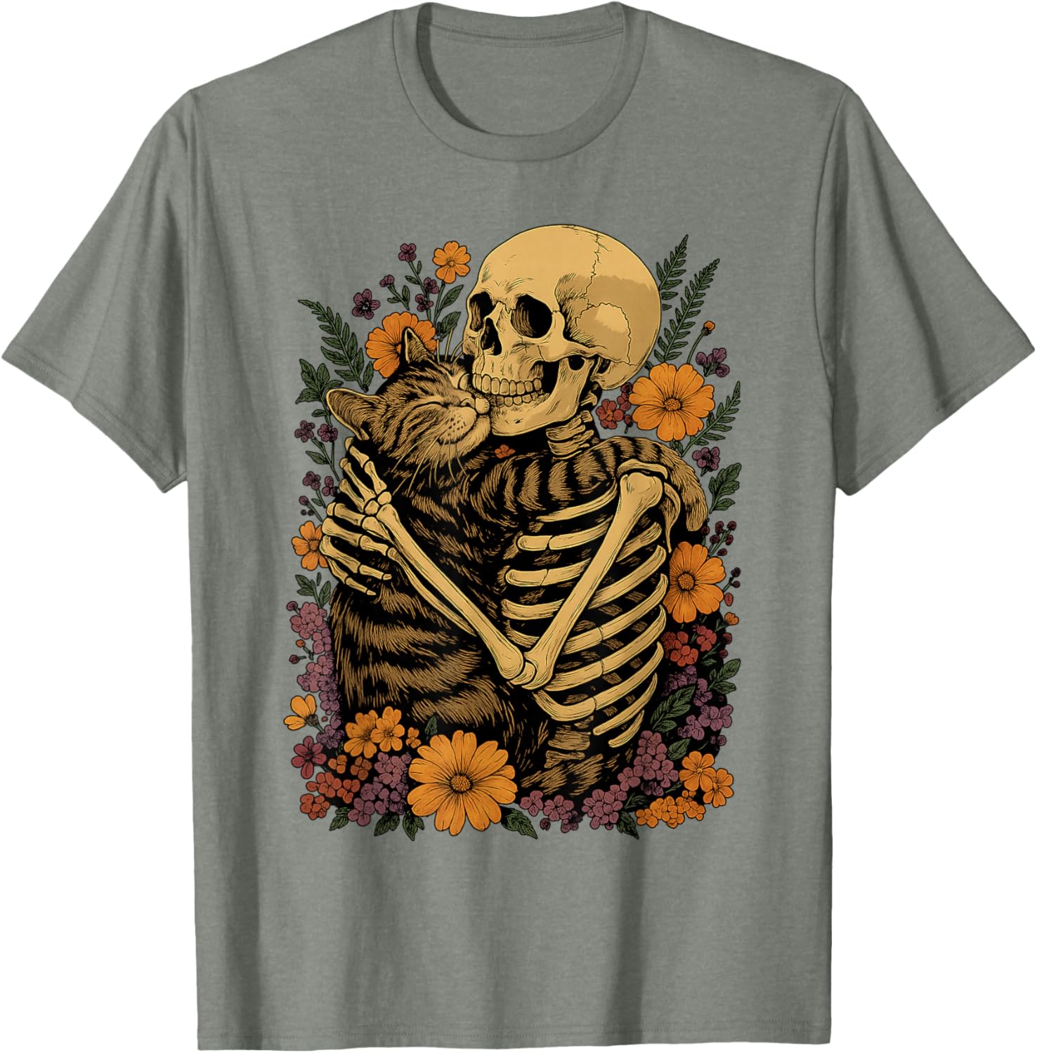 Cute Skeleton Hugging Cat Floral Halloween T-Shirt for Cat Lovers - 11