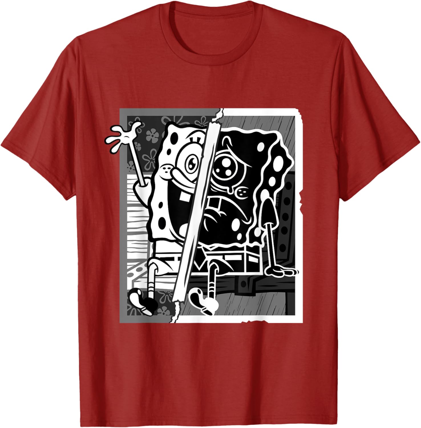 Mademark SpongeBob Black and White Happy Sad Artline T-Shirt for Fans - 7