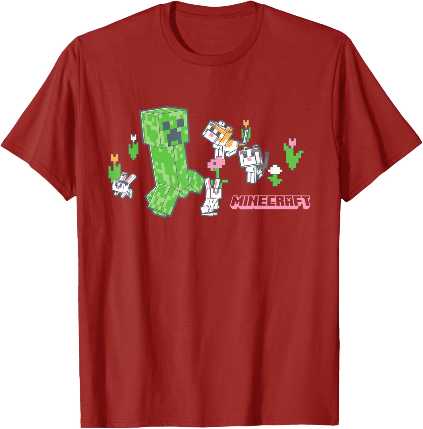 Cute Minecraft Creeper T-Shirt with Bunnies and Cats in Pixel Garden - 10