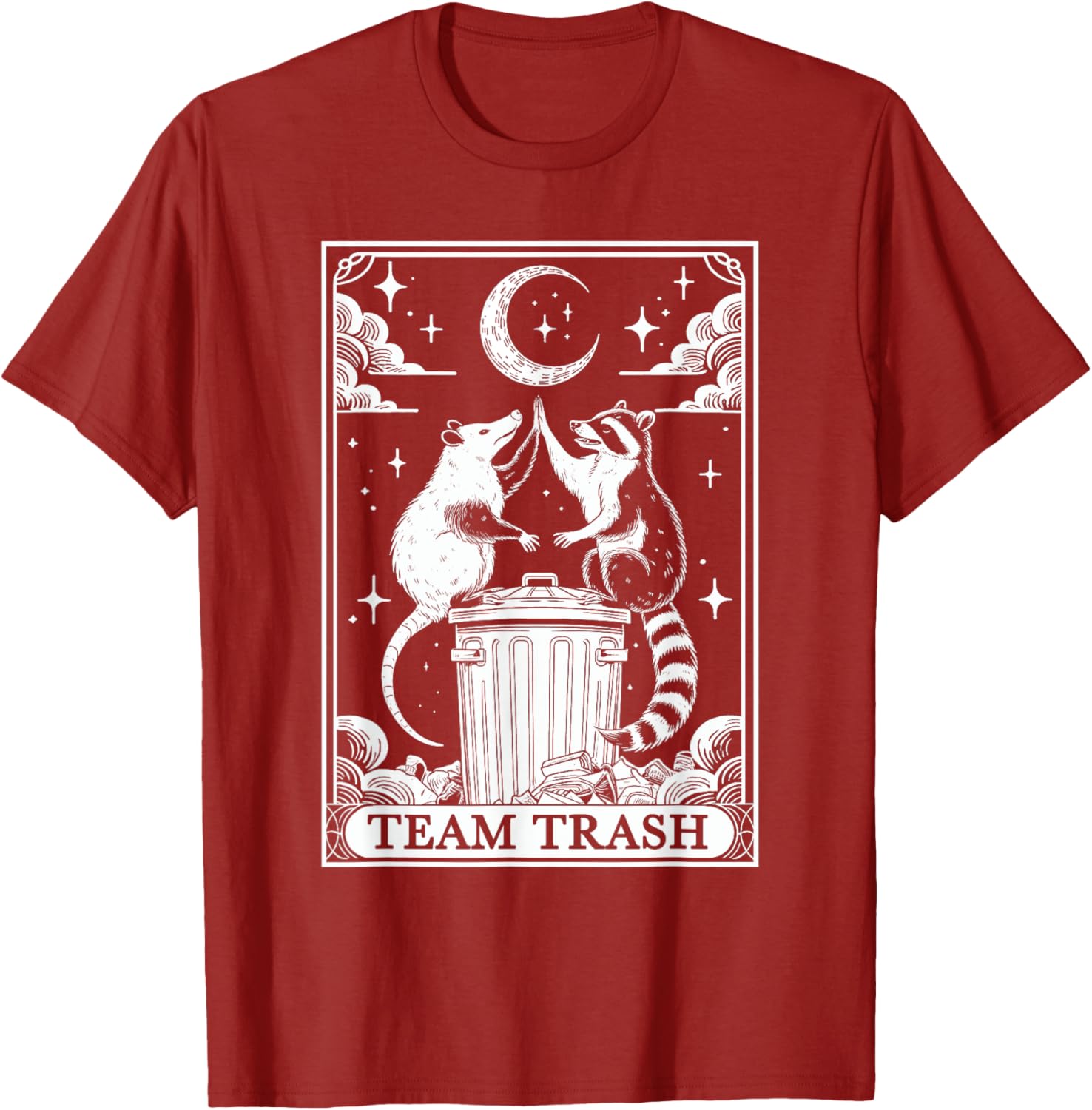 Vintage Tarot Card Team Trash T-Shirt with Crescent Moon Opossum Raccoon - 10