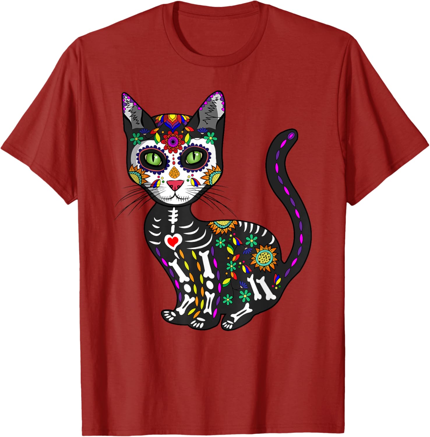Cute Sugar Skull Cat T-Shirt for Halloween Day of the Dead Fun - 11