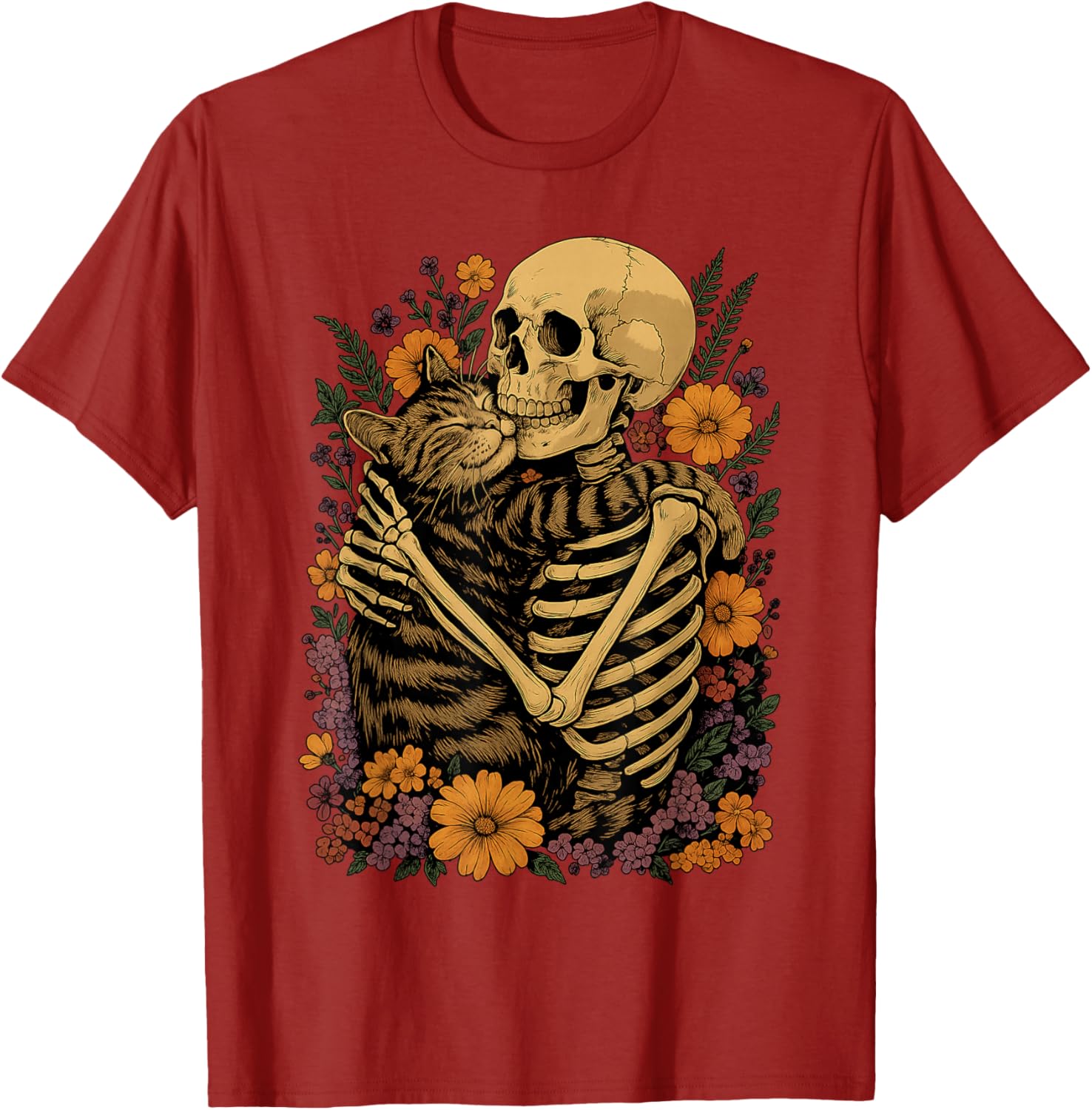 Cute Skeleton Hugging Cat Floral Halloween T-Shirt for Cat Lovers - 10