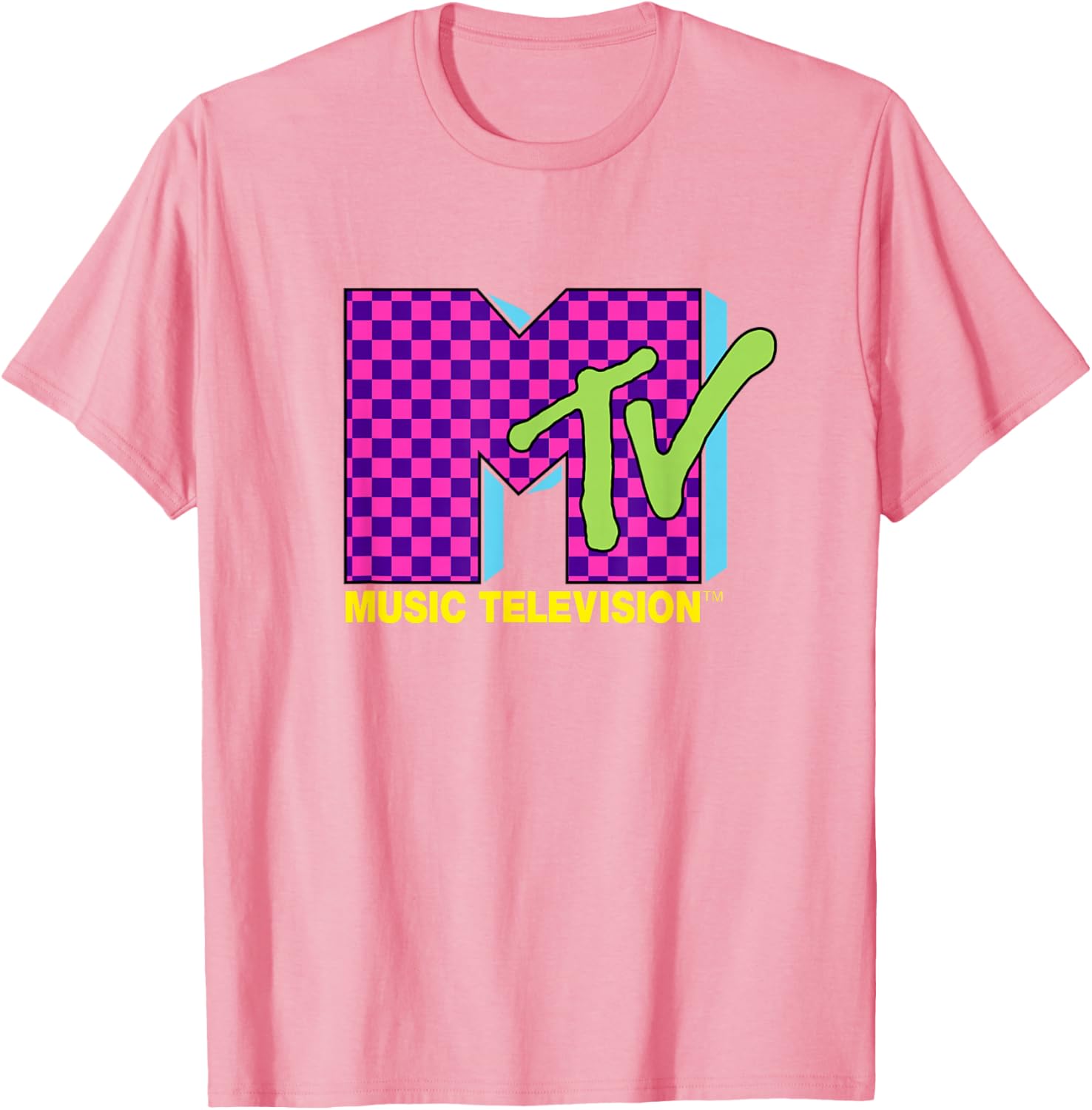 MTV Retro 80s Neon Pink Checkerboard Logo T-Shirt for Trendy Style - 13