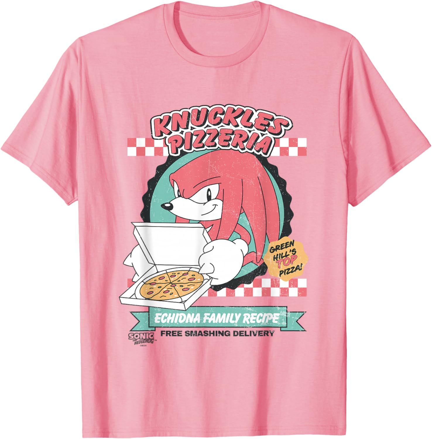 Sonic the Hedgehog Knuckles Retro Pizzeria Ad T-Shirt for Fans - 3