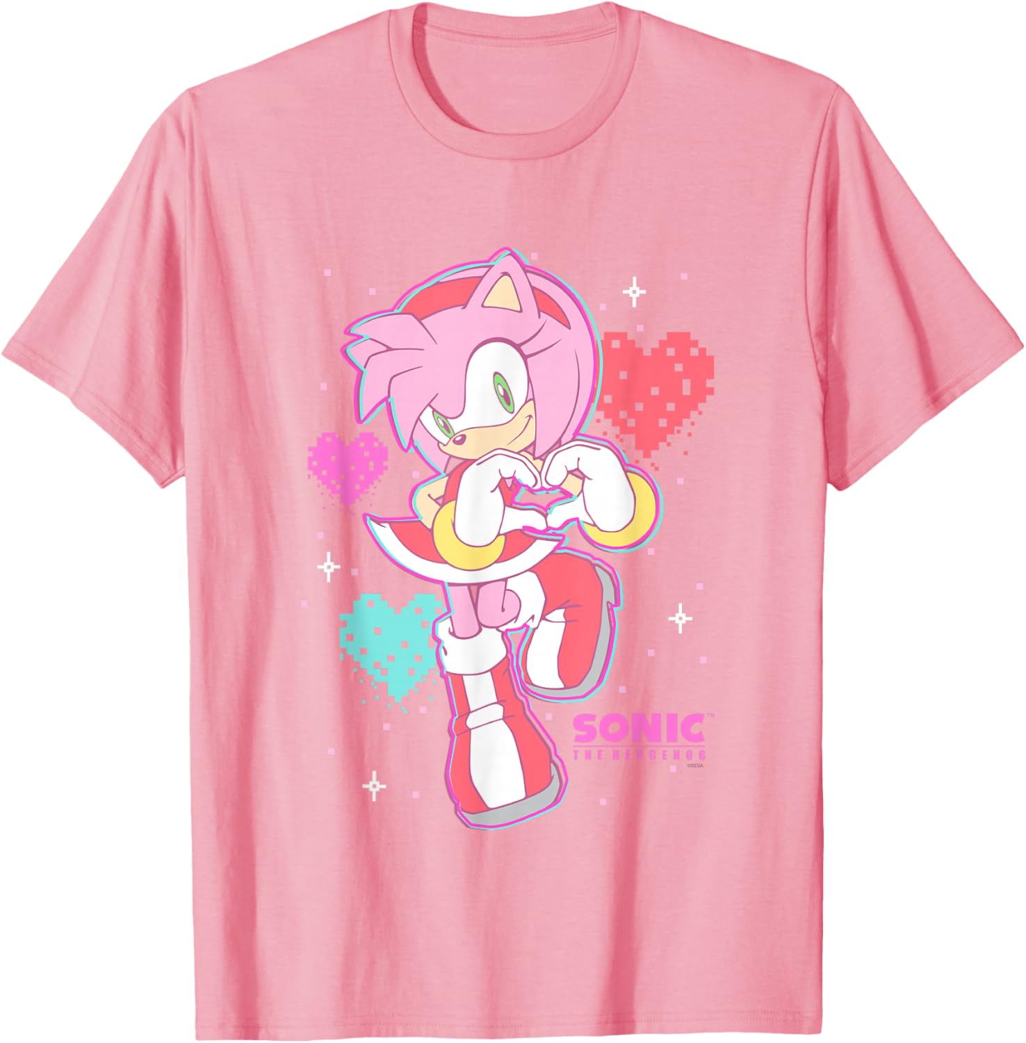 Cute Amy Rose Sonic The Hedgehog Valentine's Day Retro Logo T-Shirt - 5