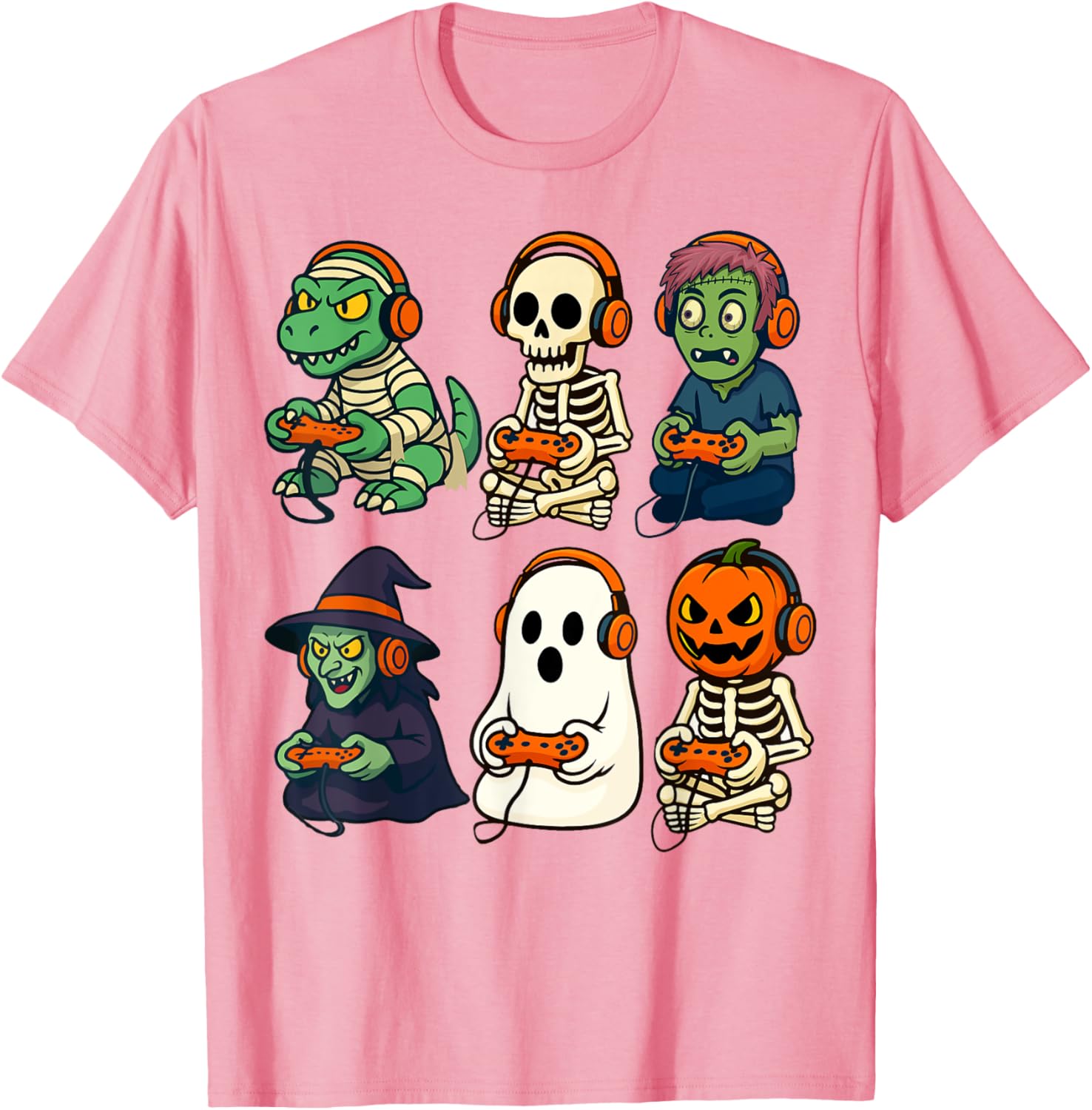 Halloween Boys Gamer T-Shirt with Dinosaur Skeleton and Witch Design - 10