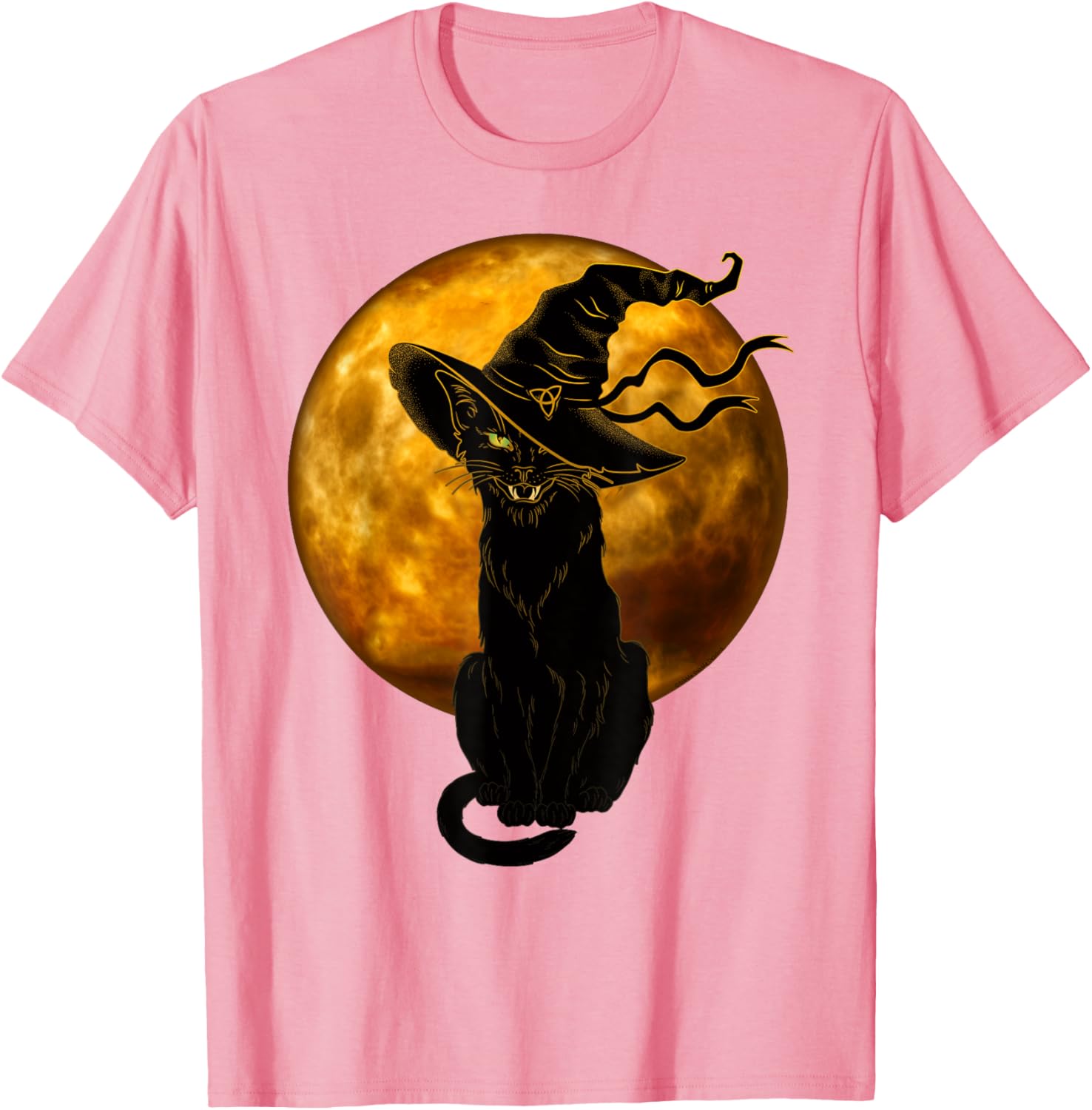 Vintage Black Cat in Witch Hat Full Moon Halloween T-Shirt for Fun Celebrations - 4
