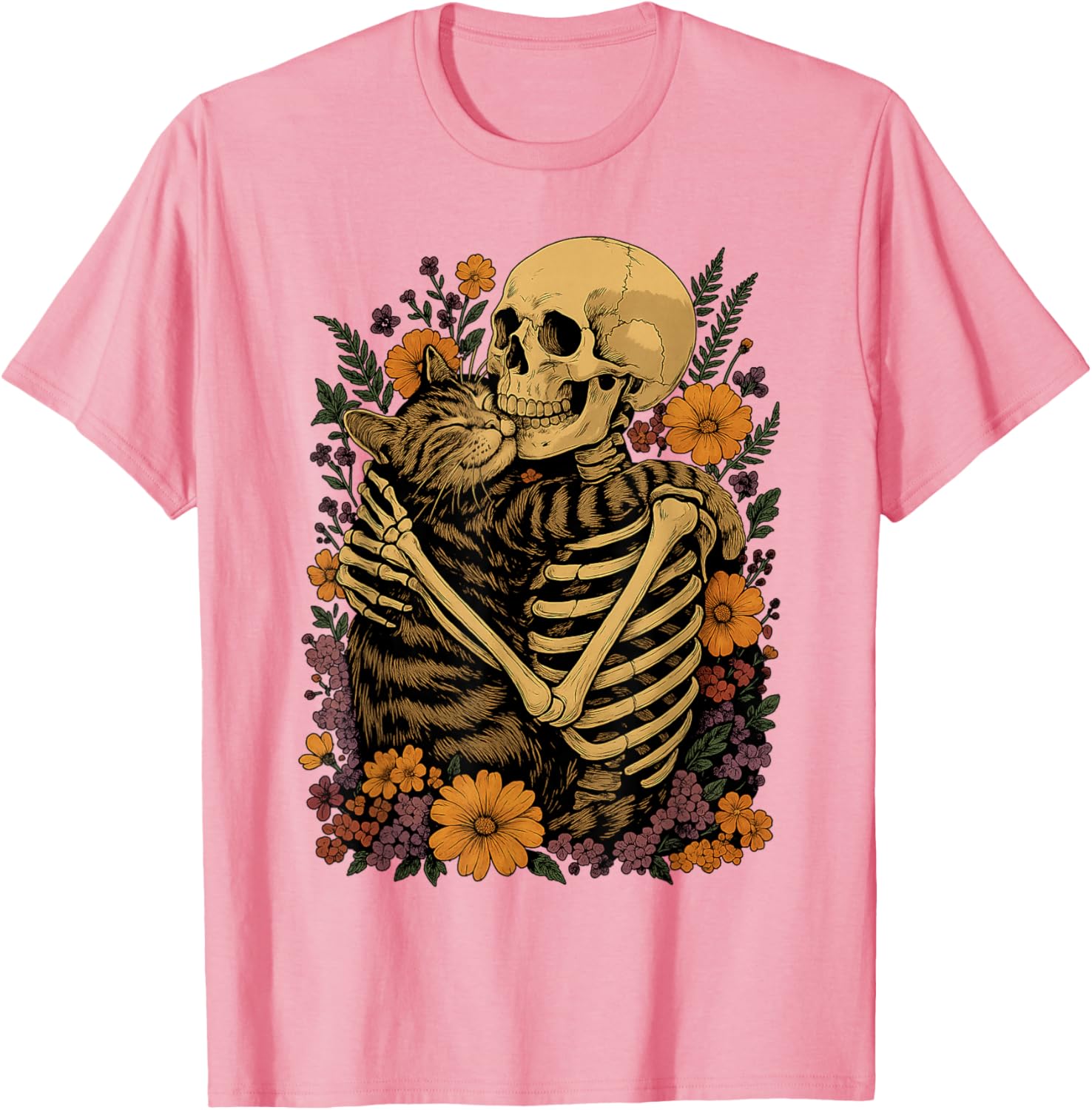 Cute Skeleton Hugging Cat Floral Halloween T-Shirt for Cat Lovers - 14