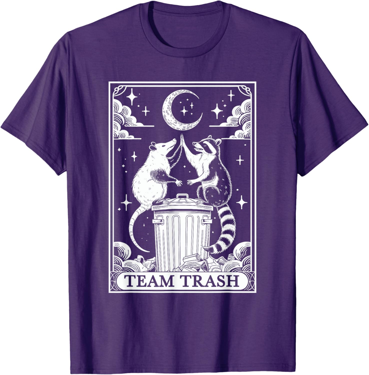 Vintage Tarot Card Team Trash T-Shirt with Crescent Moon Opossum Raccoon - 8