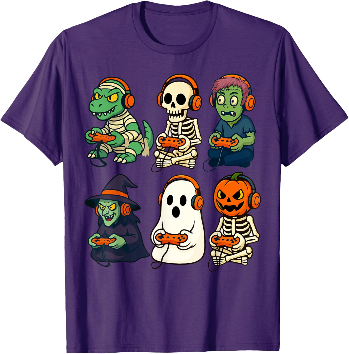 Halloween Boys Gamer T-Shirt with Dinosaur Skeleton and Witch Design - 19
