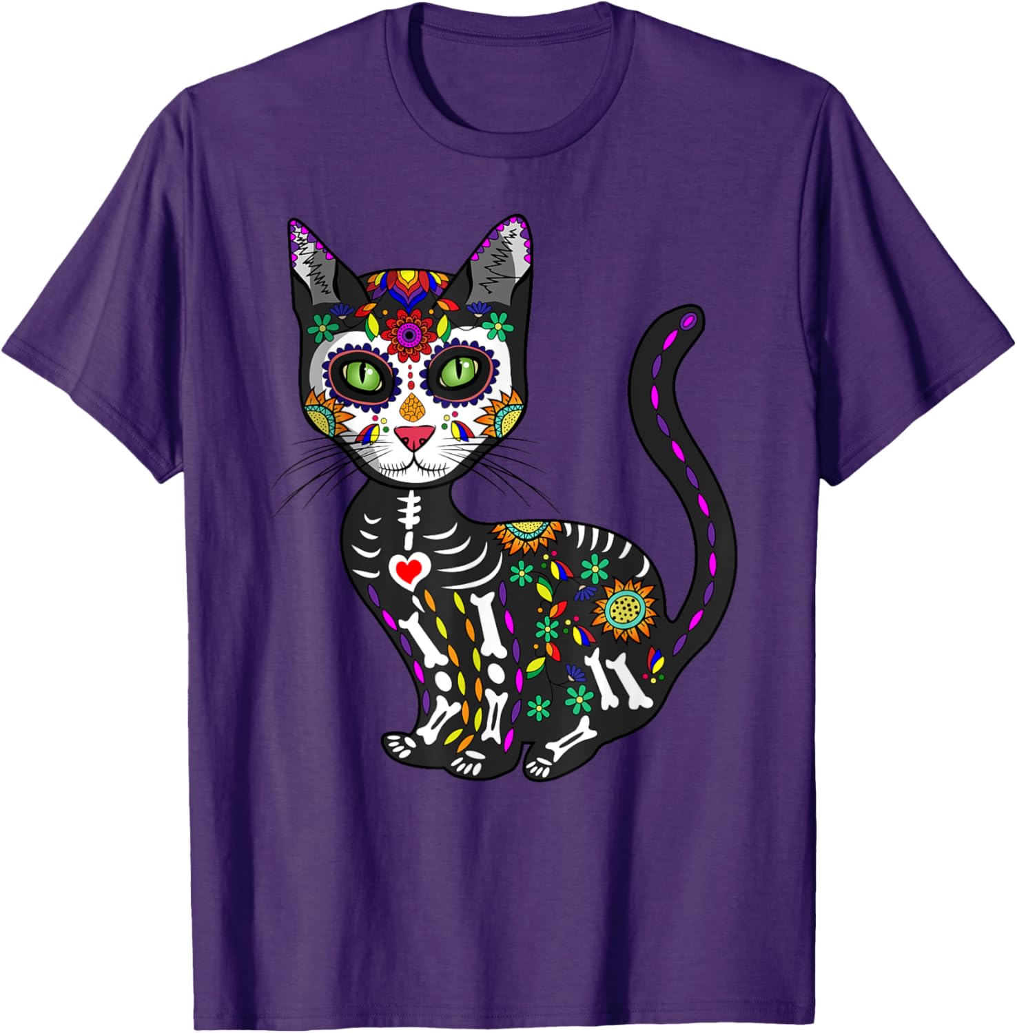 Cute Sugar Skull Cat T-Shirt for Halloween Day of the Dead Fun - 15