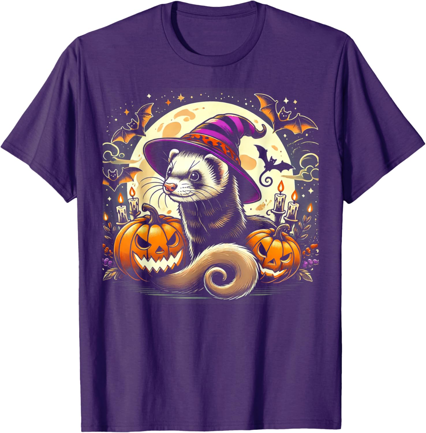 Ferret Witch Halloween T-Shirt with Spooky Pumpkin and Bats Design - 1