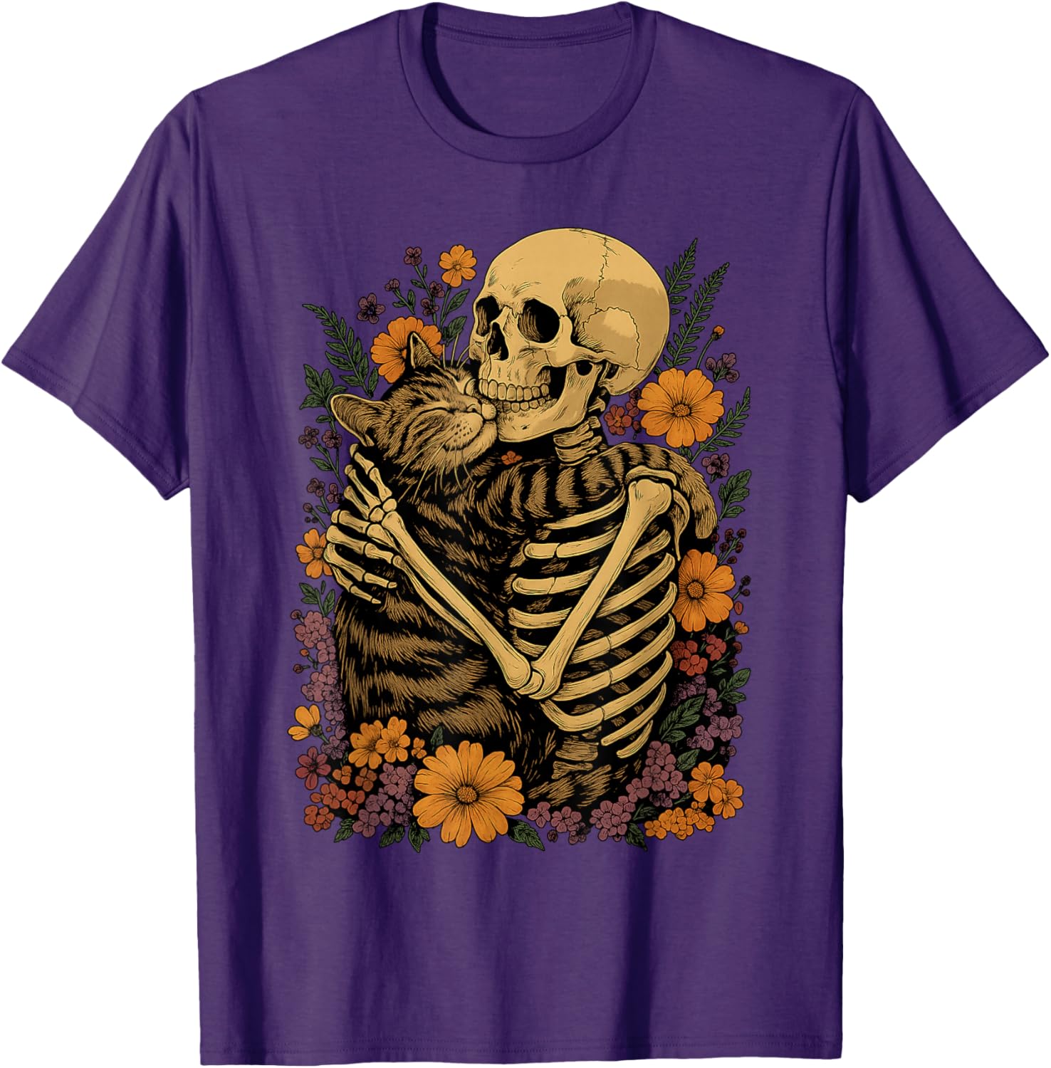 Cute Skeleton Hugging Cat Floral Halloween T-Shirt for Cat Lovers - 15