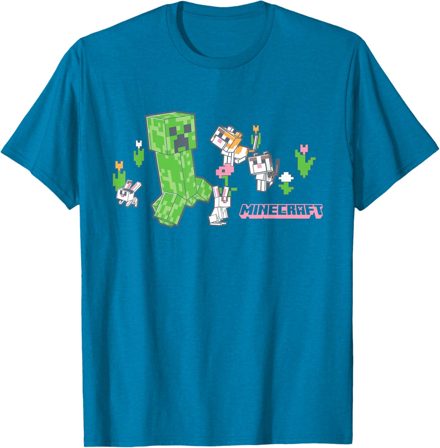 Cute Minecraft Creeper T-Shirt with Bunnies and Cats in Pixel Garden - 1
