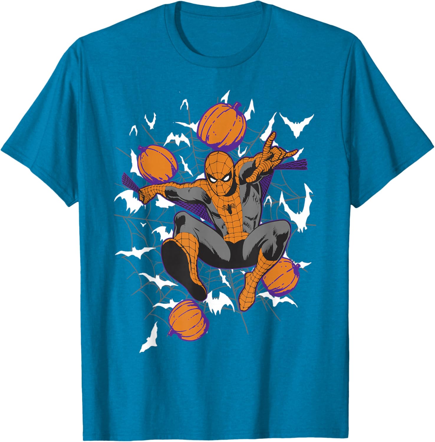 Spider-Man Halloween T-Shirt with Web and Pumpkins for Kids and Adults - 12