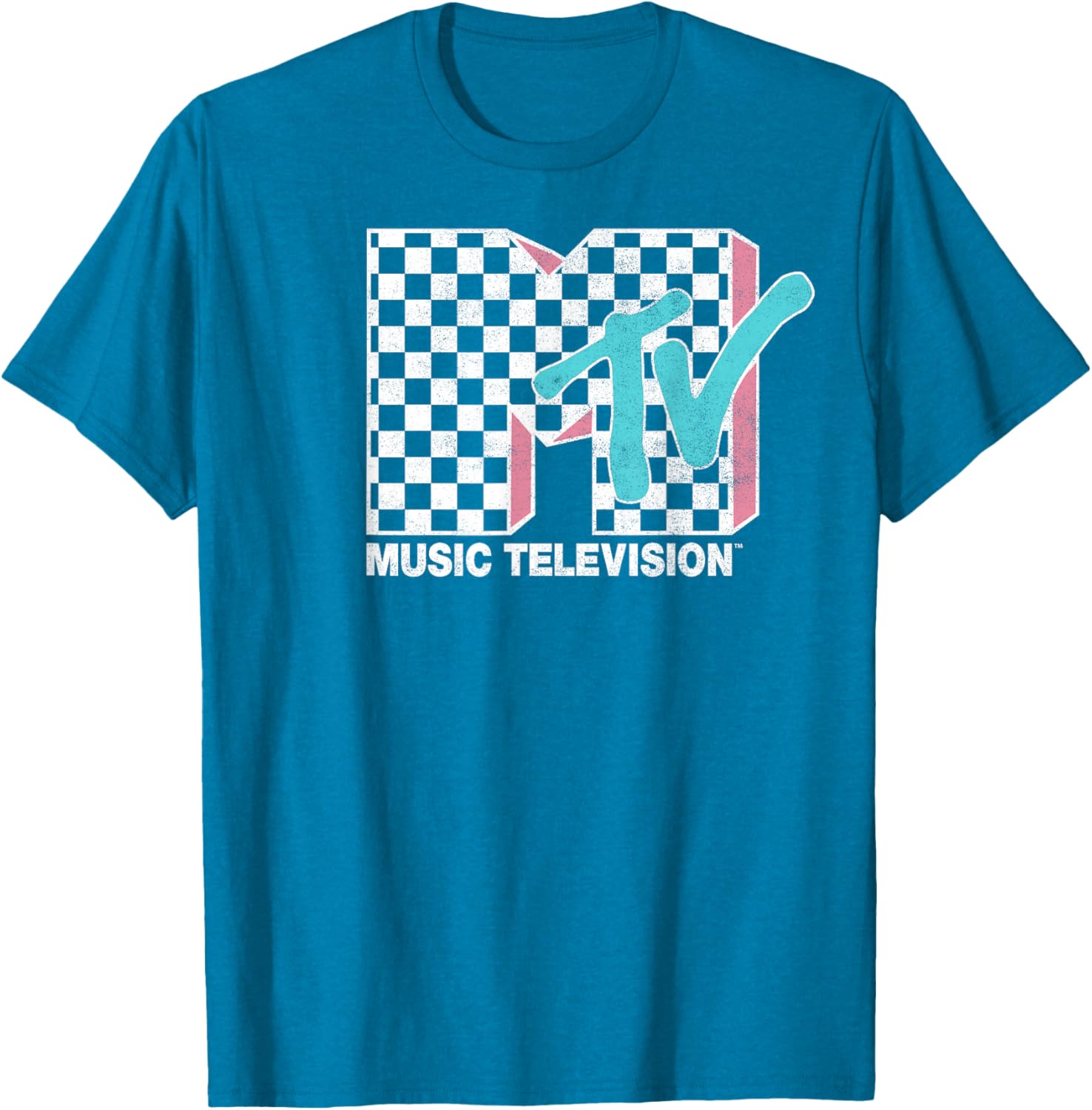MTV Neon Distressed Checkered Logo Graphic Tee for Trendy Style - 1