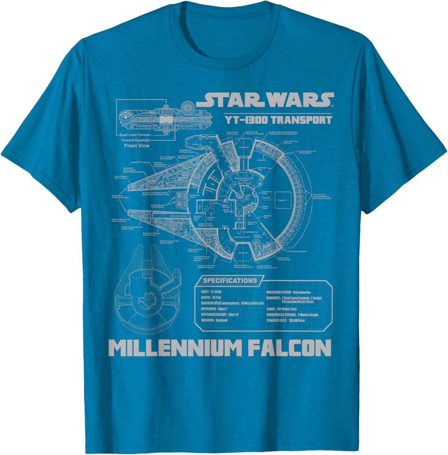 Star Wars Millennium Falcon Grey Schematics Graphic T-Shirt for Fans - 4