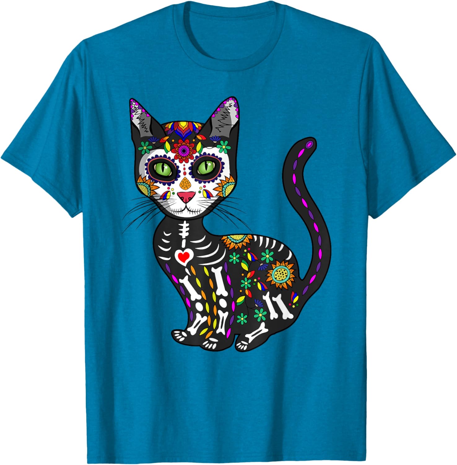 Cute Sugar Skull Cat T-Shirt for Halloween Day of the Dead Fun - 7
