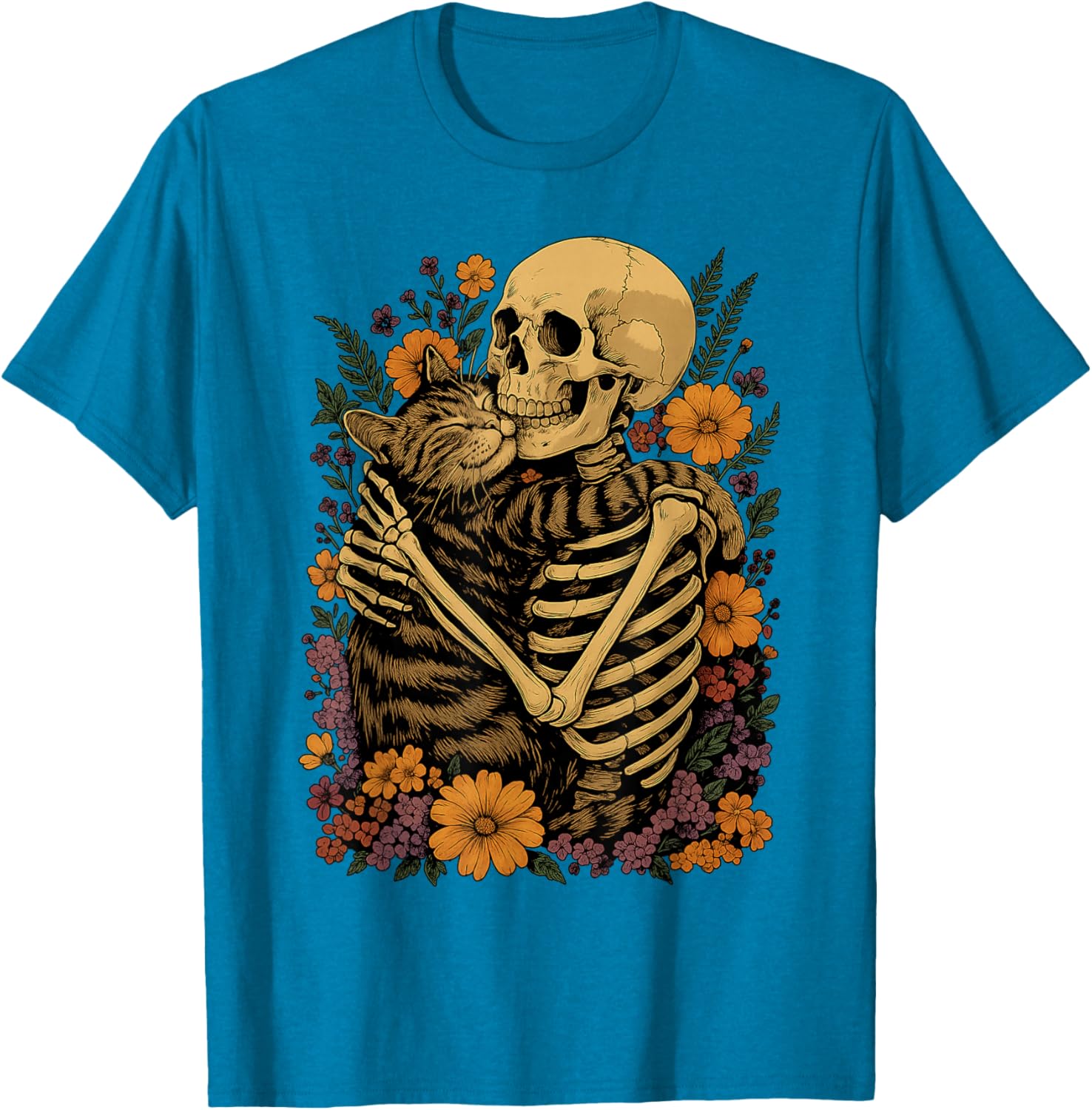 Cute Skeleton Hugging Cat Floral Halloween T-Shirt for Cat Lovers - 4