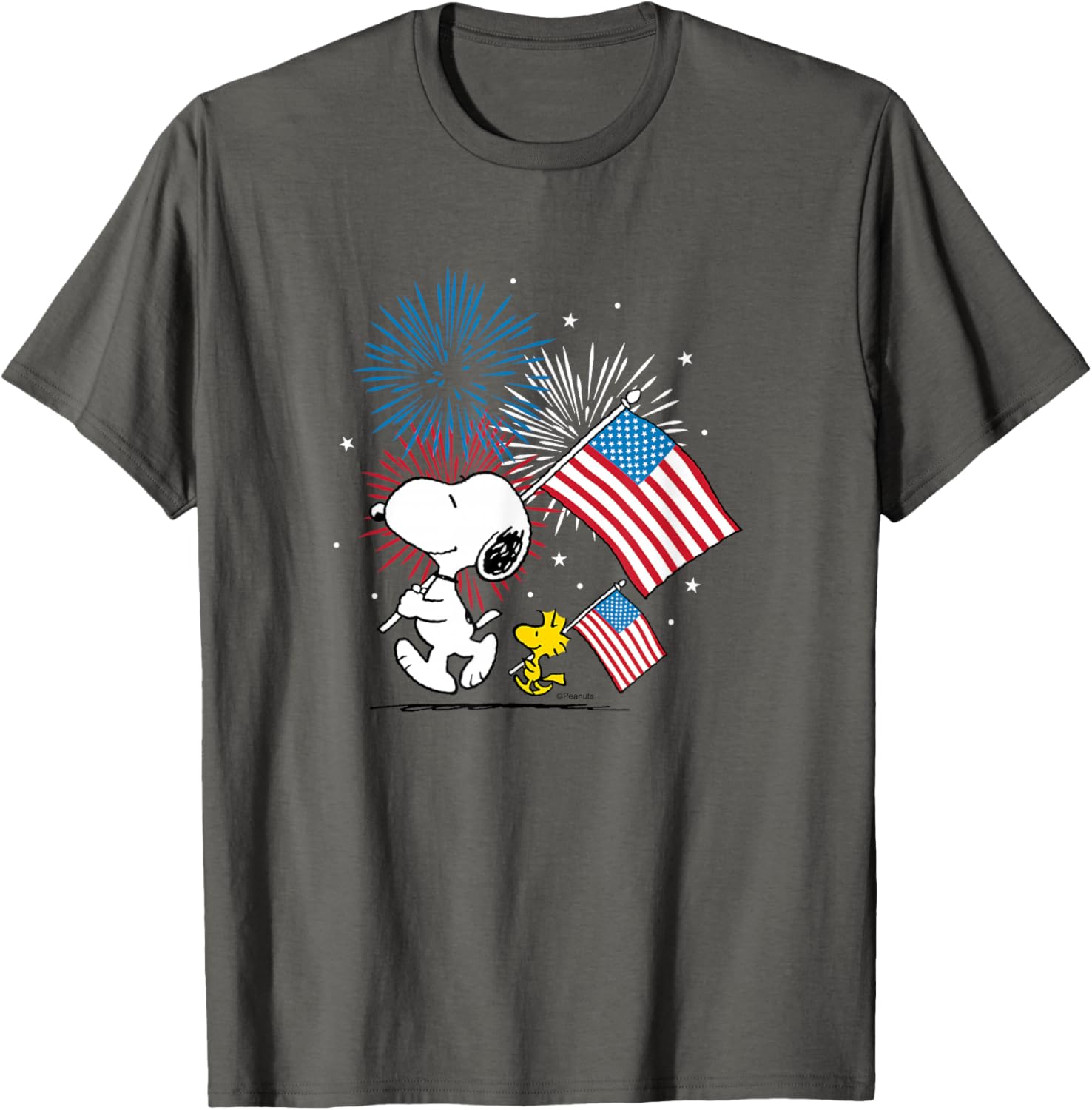 Snoopy and Woodstock American Flags Fireworks T-Shirt for Fun Celebrations - 9