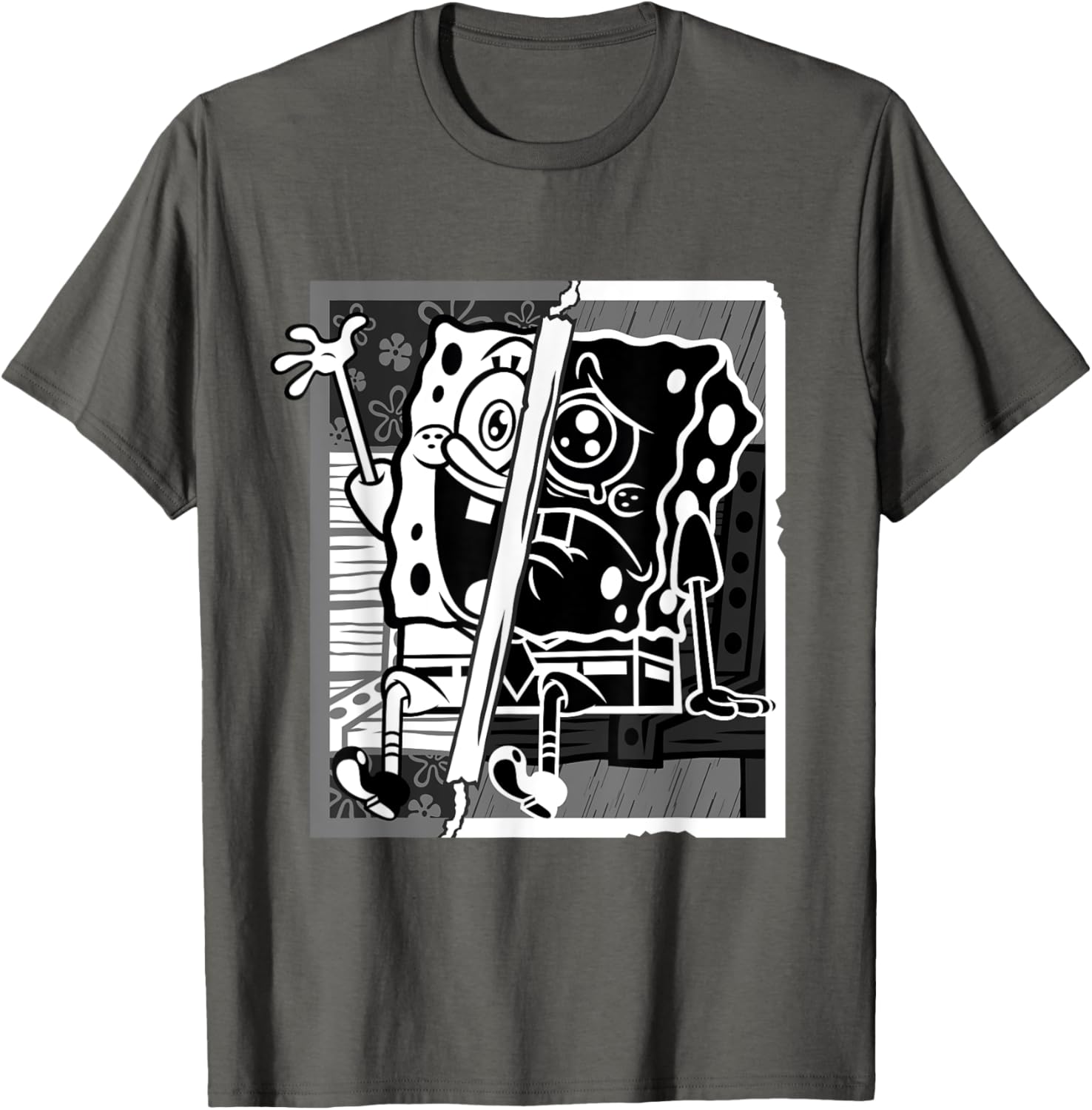 Mademark SpongeBob Black and White Happy Sad Artline T-Shirt for Fans - 19