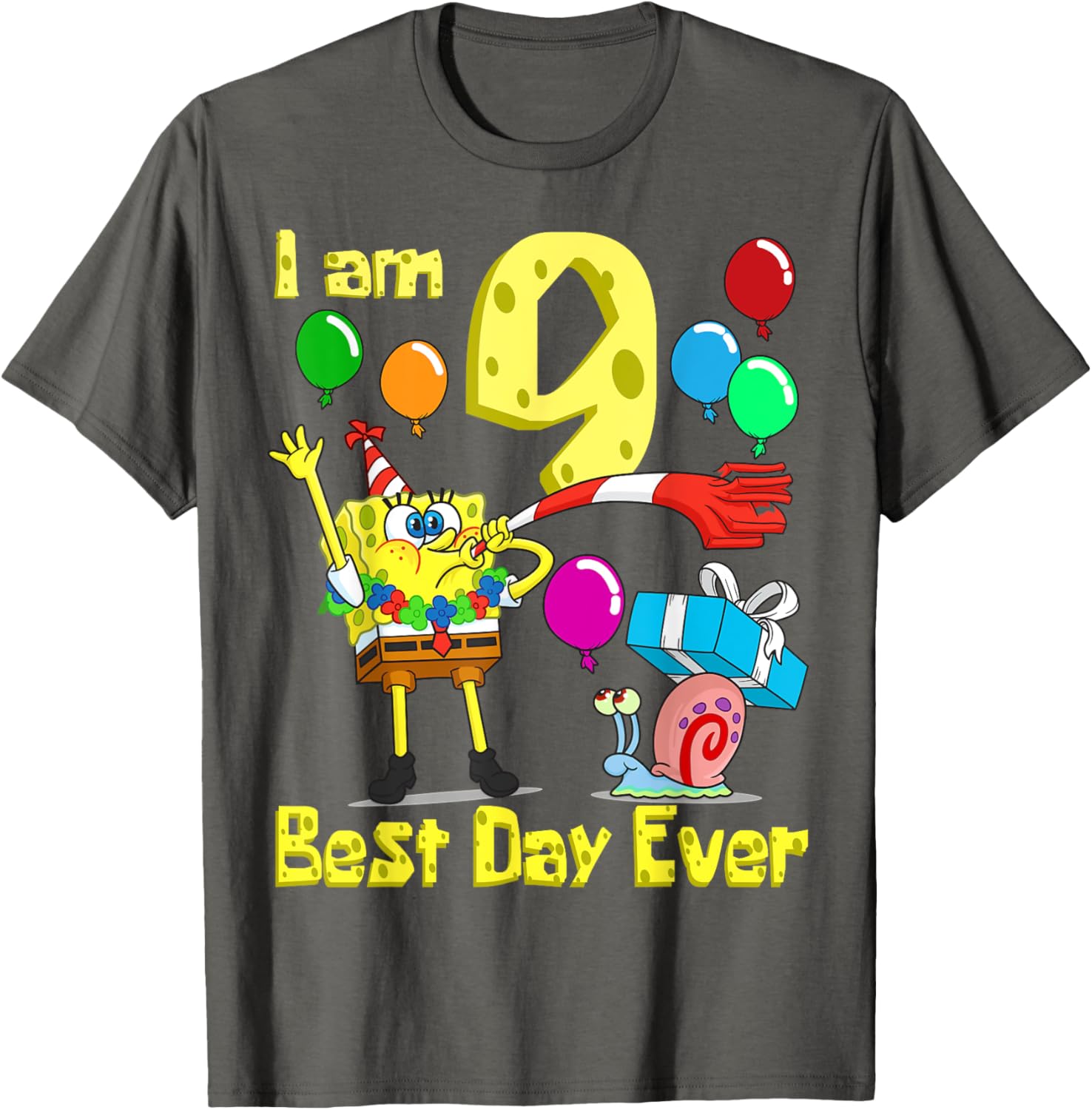 SpongeBob I Am 9 Years Old Birthday Party T-Shirt for Kids Fun Gift - 10