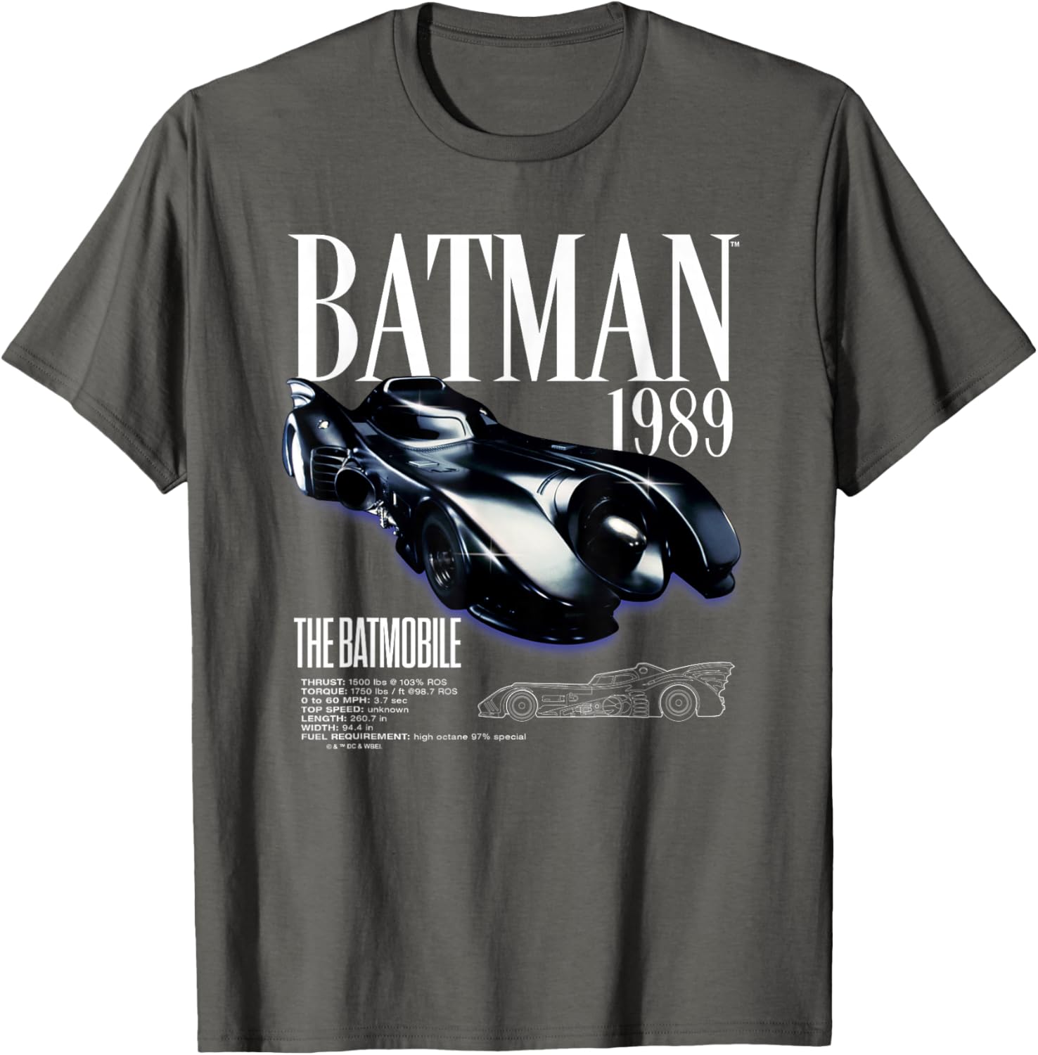 Batman 1989 Batmobile Schematic T-Shirt for Fans of Classic Film Style - 9