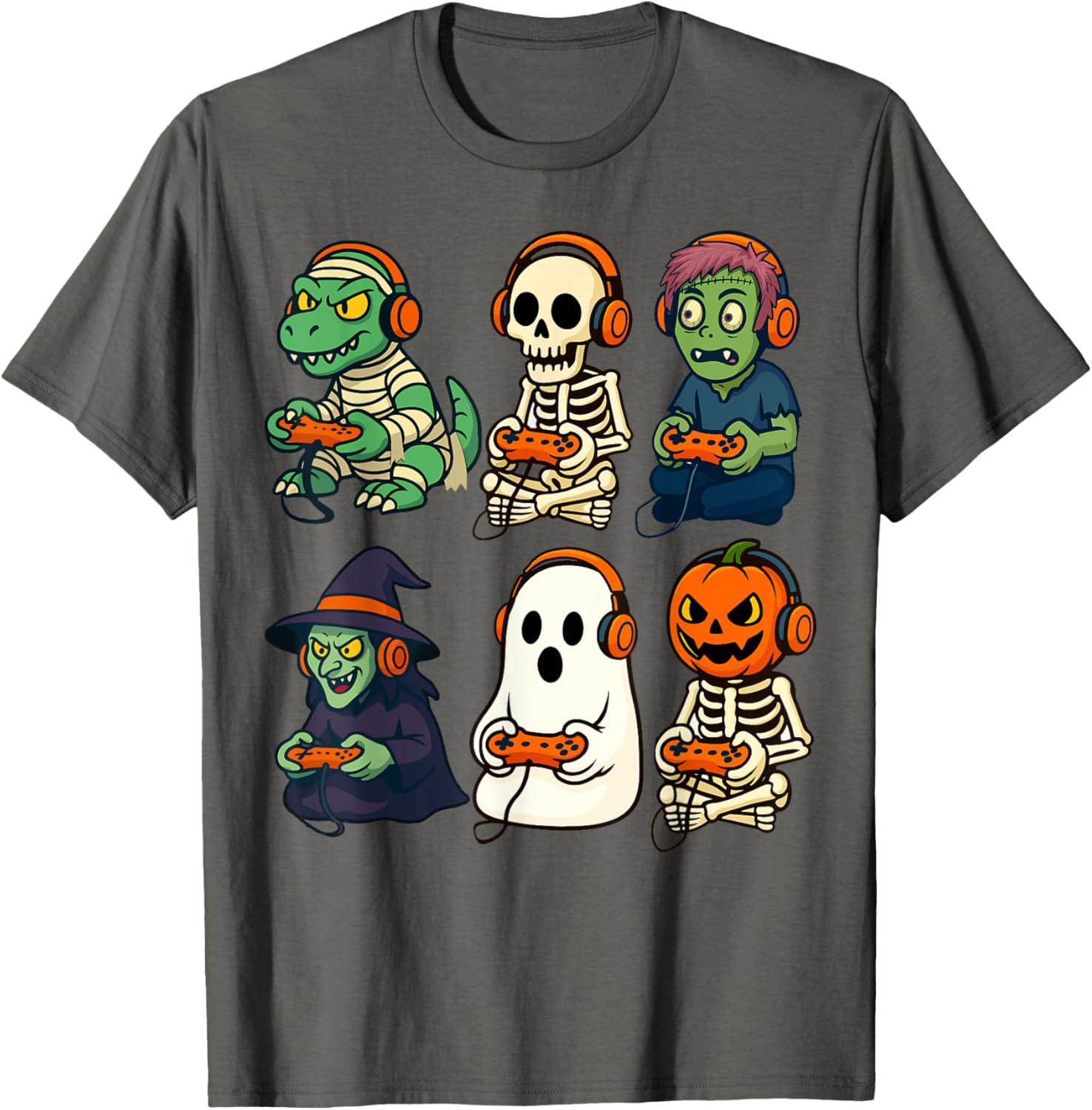 Halloween Boys Gamer T-Shirt with Dinosaur Skeleton and Witch Design - 1