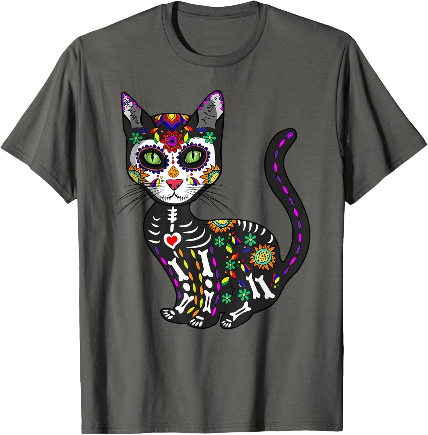Cute Sugar Skull Cat T-Shirt for Halloween Day of the Dead Fun - 20