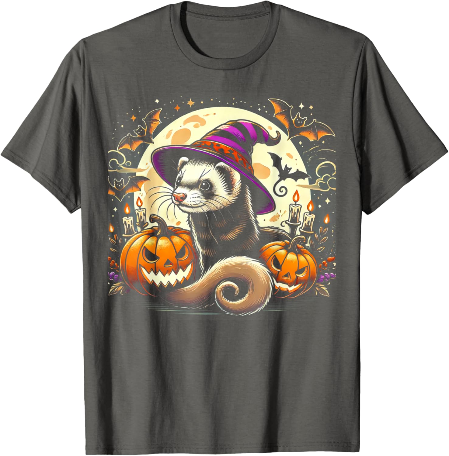 Ferret Witch Halloween T-Shirt with Spooky Pumpkin and Bats Design - 7