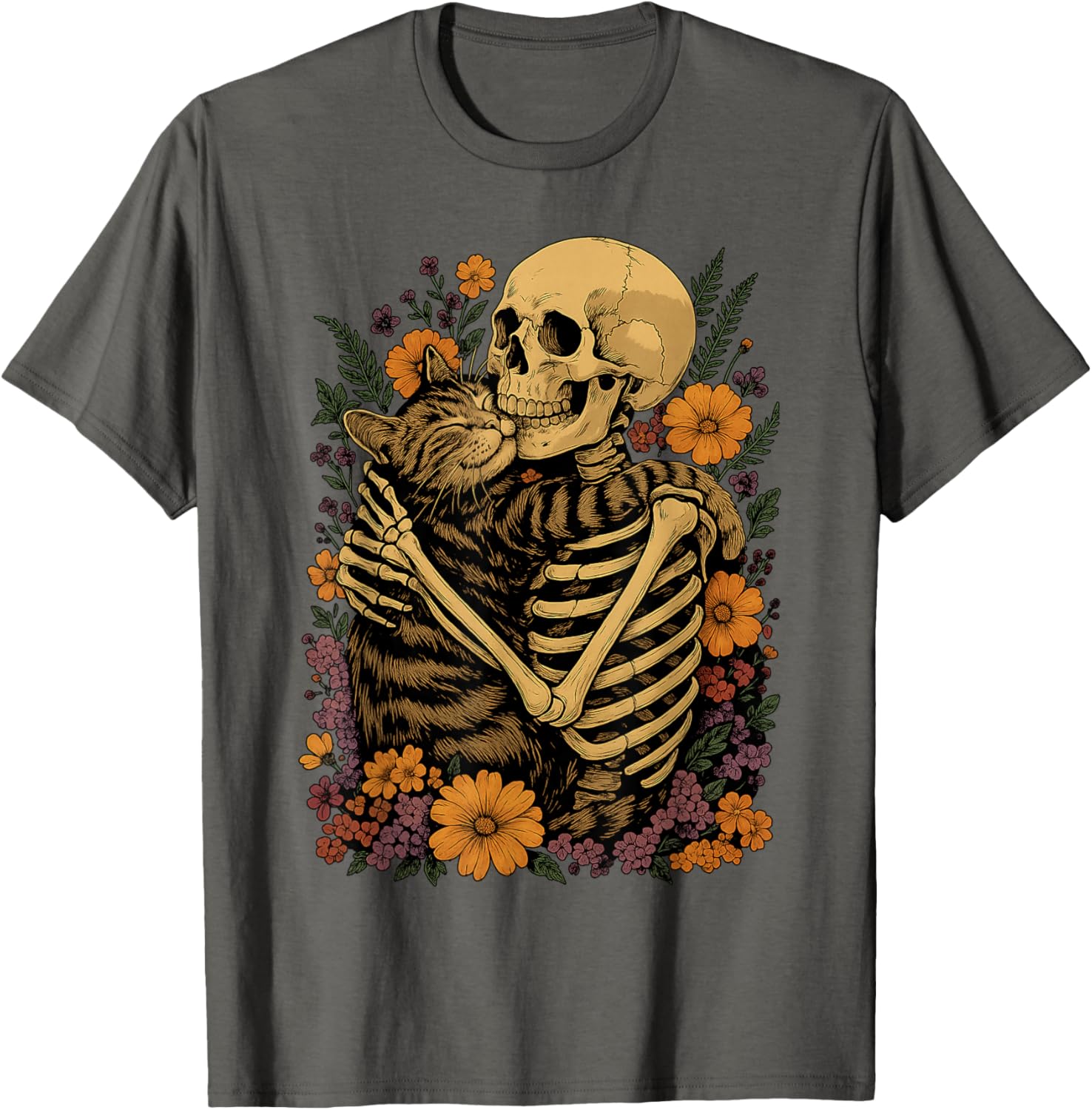 Cute Skeleton Hugging Cat Floral Halloween T-Shirt for Cat Lovers - 17
