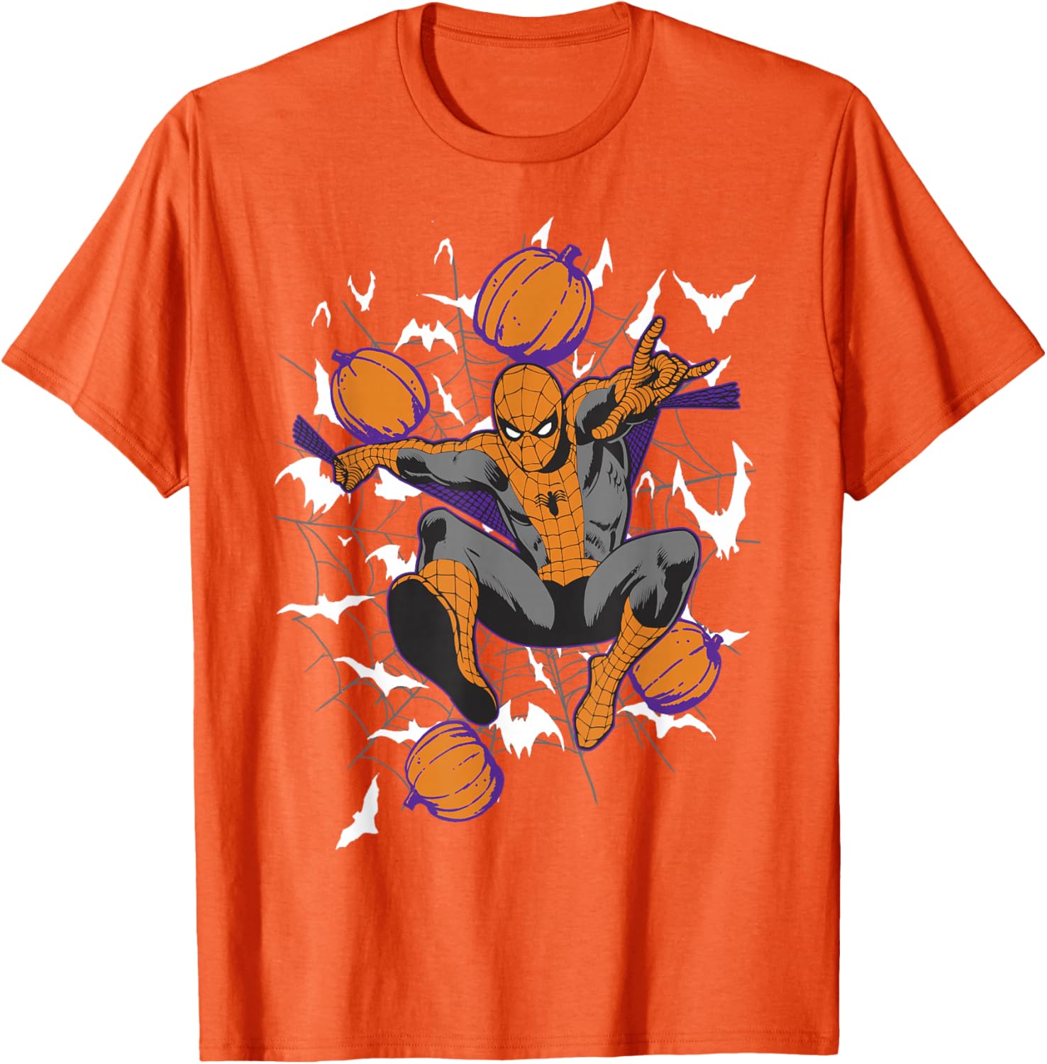 Spider-Man Halloween T-Shirt with Web and Pumpkins for Kids and Adults - 7