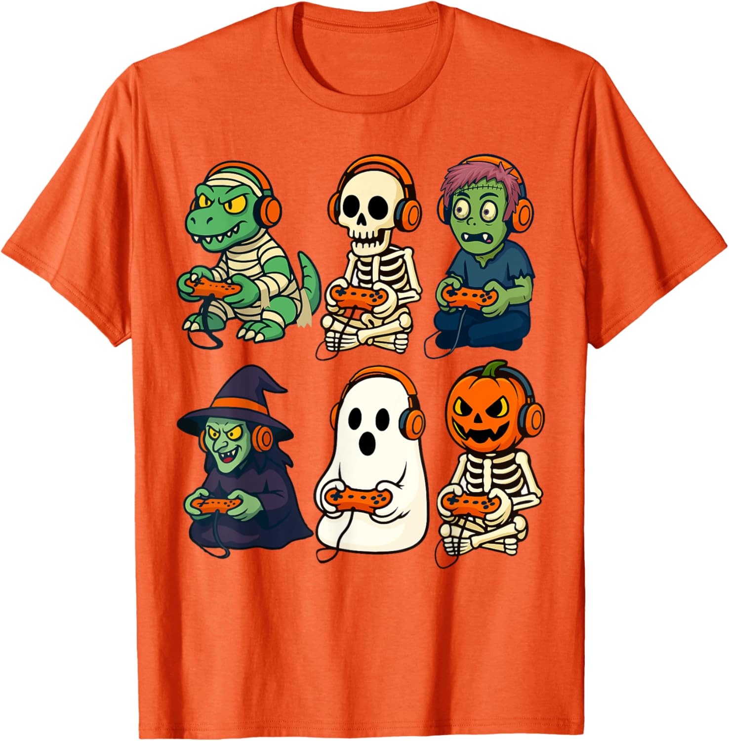 Halloween Boys Gamer T-Shirt with Dinosaur Skeleton and Witch Design - 2