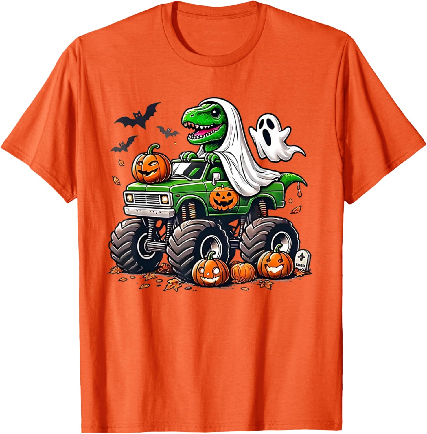 Orange Halloween Shirt for Boys Toddler Featuring Ghost and T Rex Design - 1