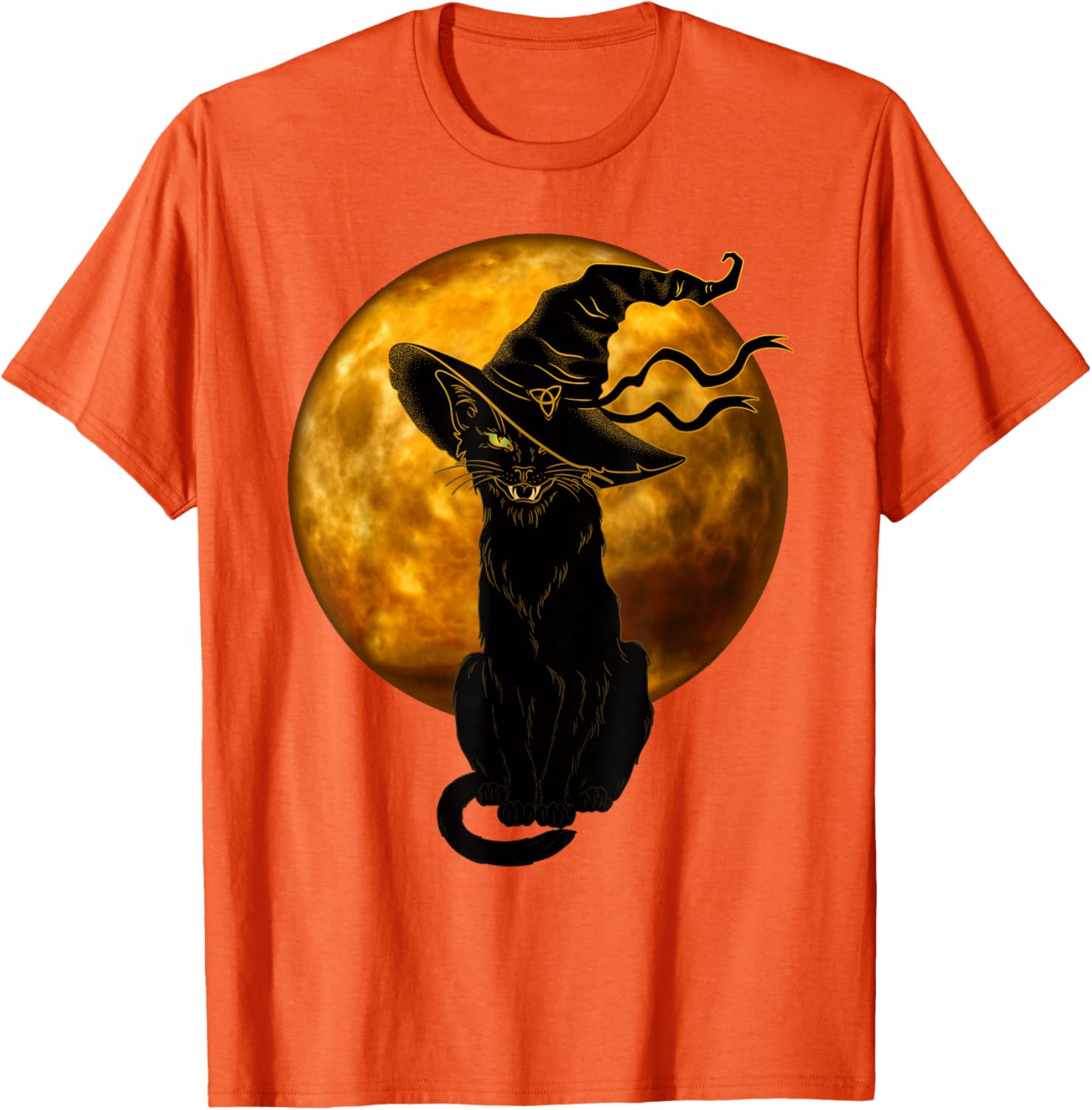 Vintage Black Cat in Witch Hat Full Moon Halloween T-Shirt for Fun Celebrations - 8