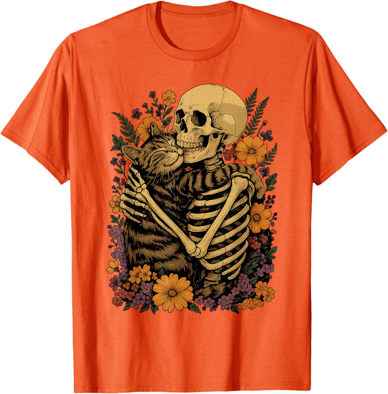 Cute Skeleton Hugging Cat Floral Halloween T-Shirt for Cat Lovers - 1