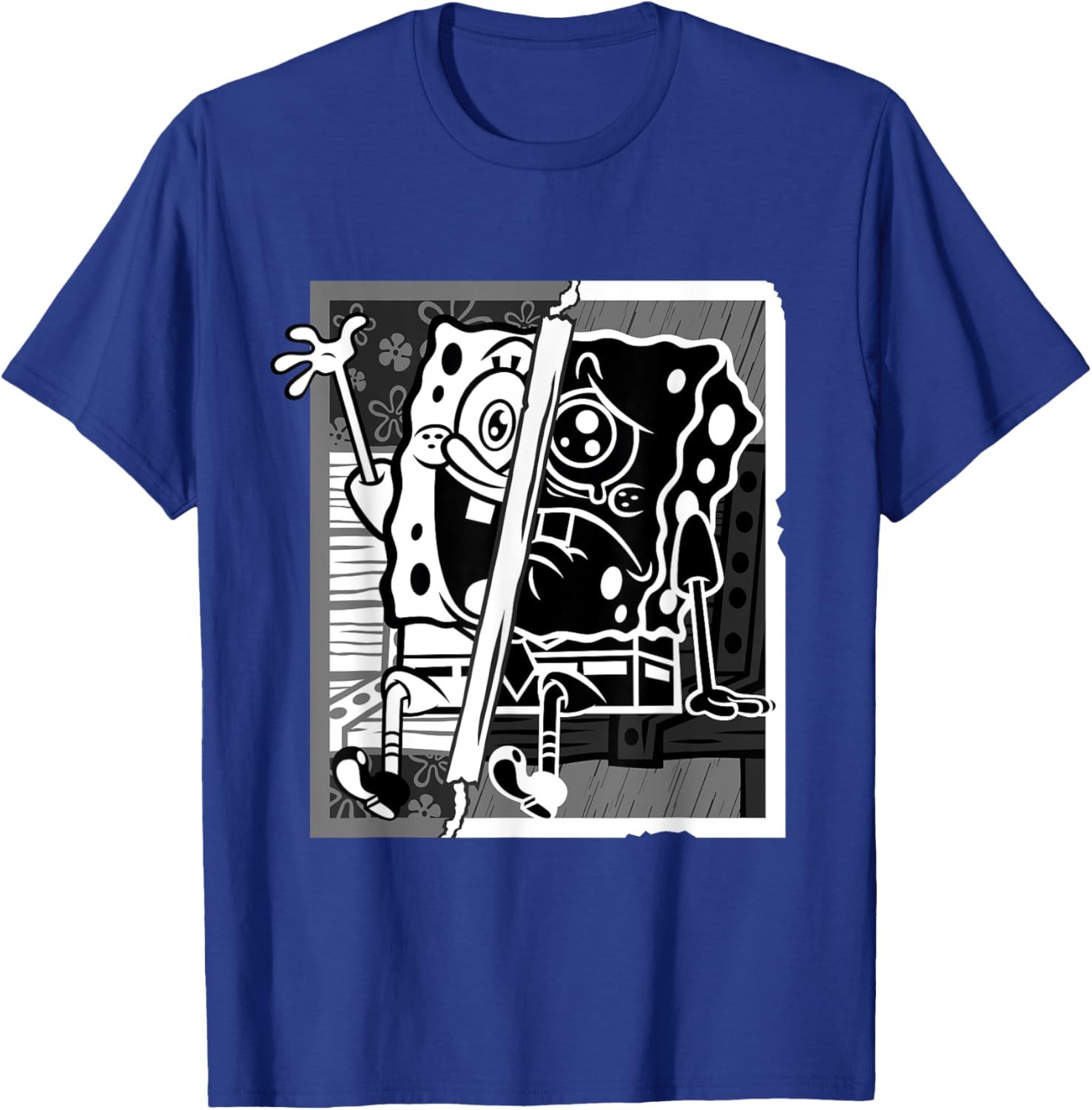 Mademark SpongeBob Black and White Happy Sad Artline T-Shirt for Fans - 12
