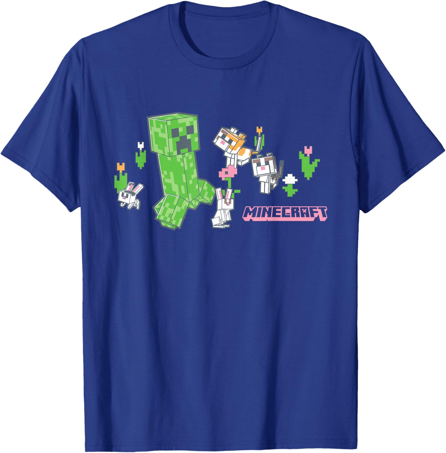 Cute Minecraft Creeper T-Shirt with Bunnies and Cats in Pixel Garden - 5